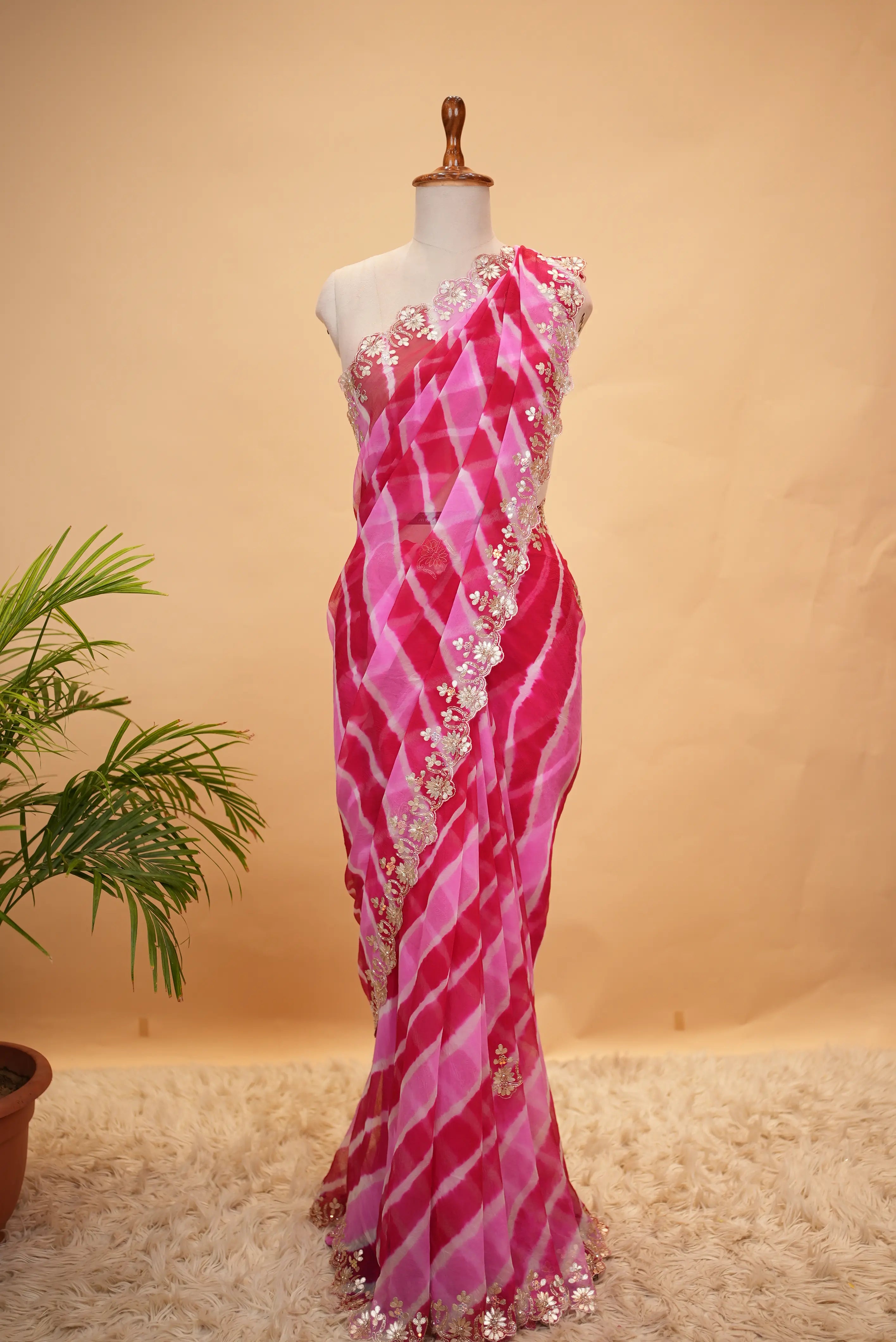 Gota Patti Handwork Pure Chiffon Leheriya Saree (With Blouse)