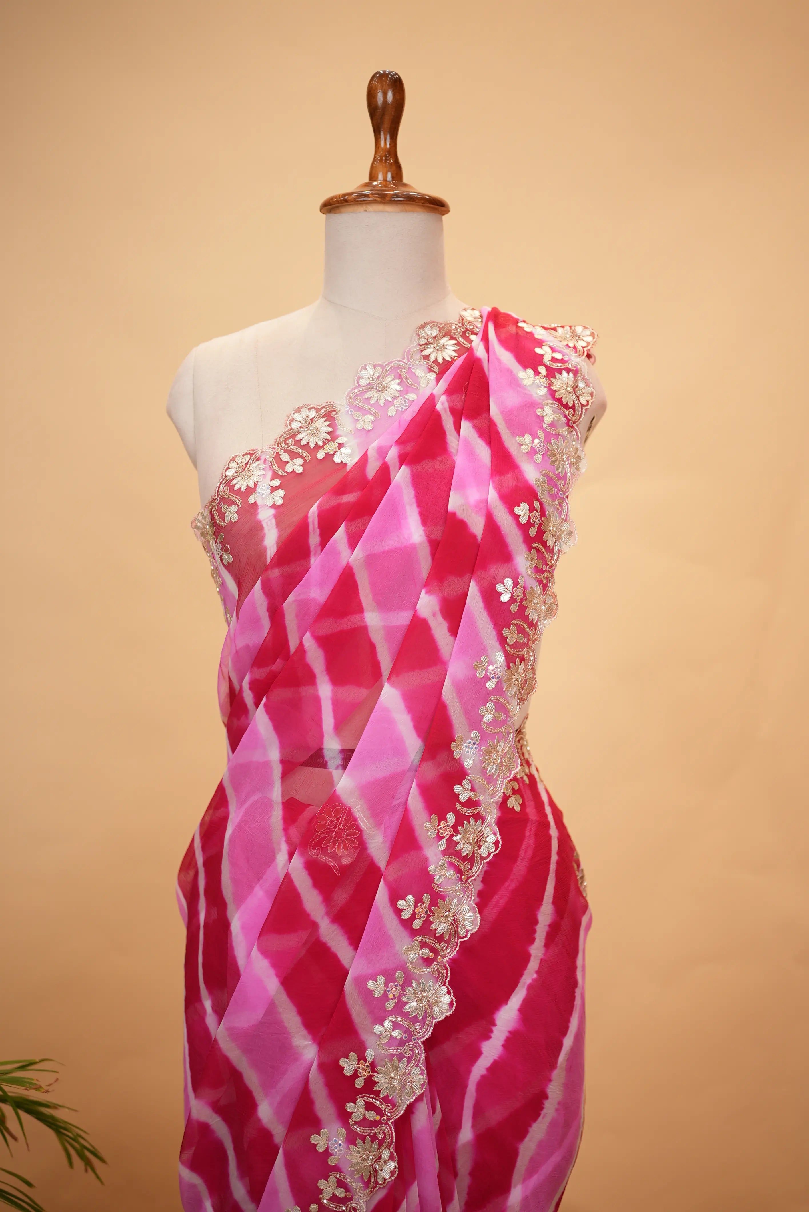 Gota Patti Handwork Pure Chiffon Leheriya Saree (With Blouse)