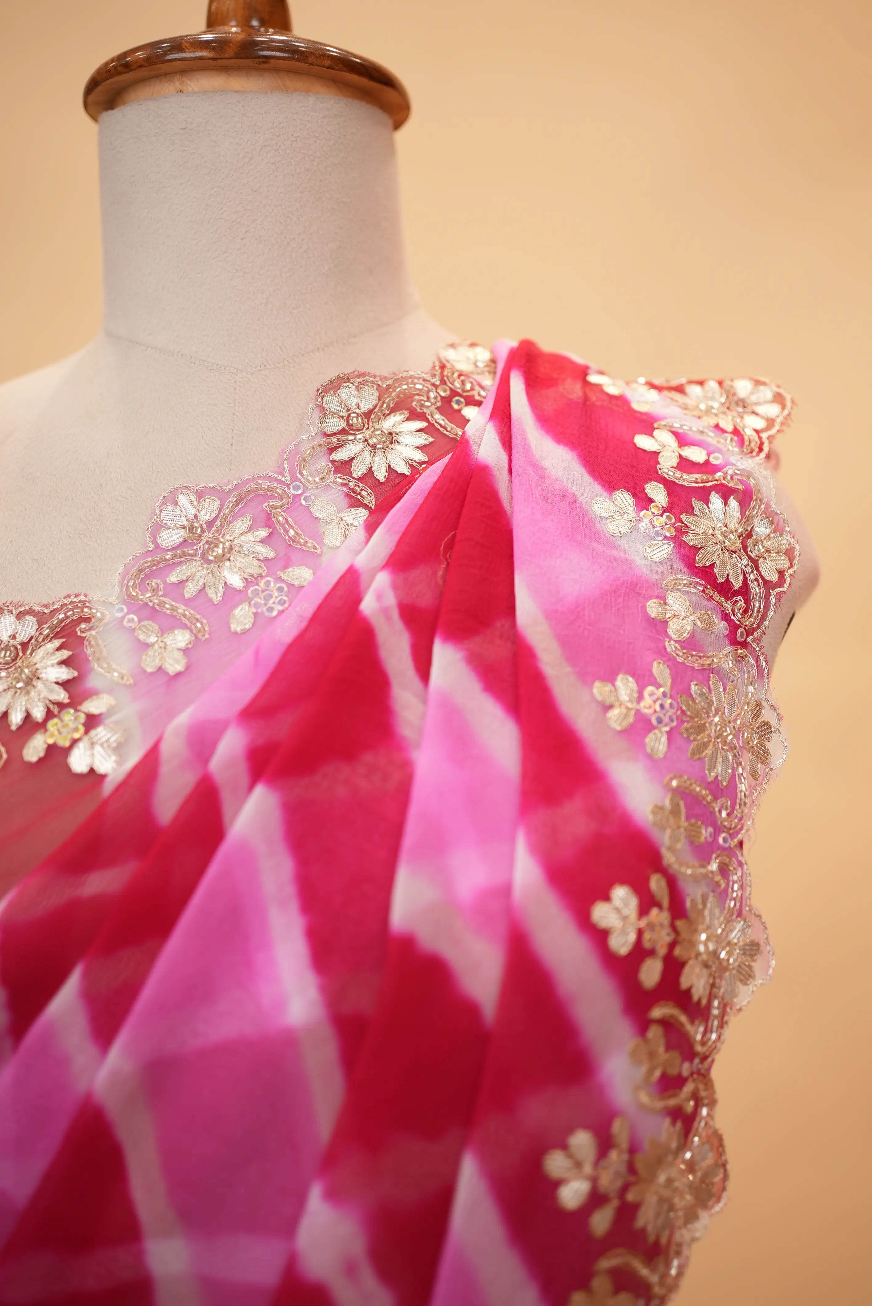 Gota Patti Handwork Pure Chiffon Leheriya Saree (With Blouse)