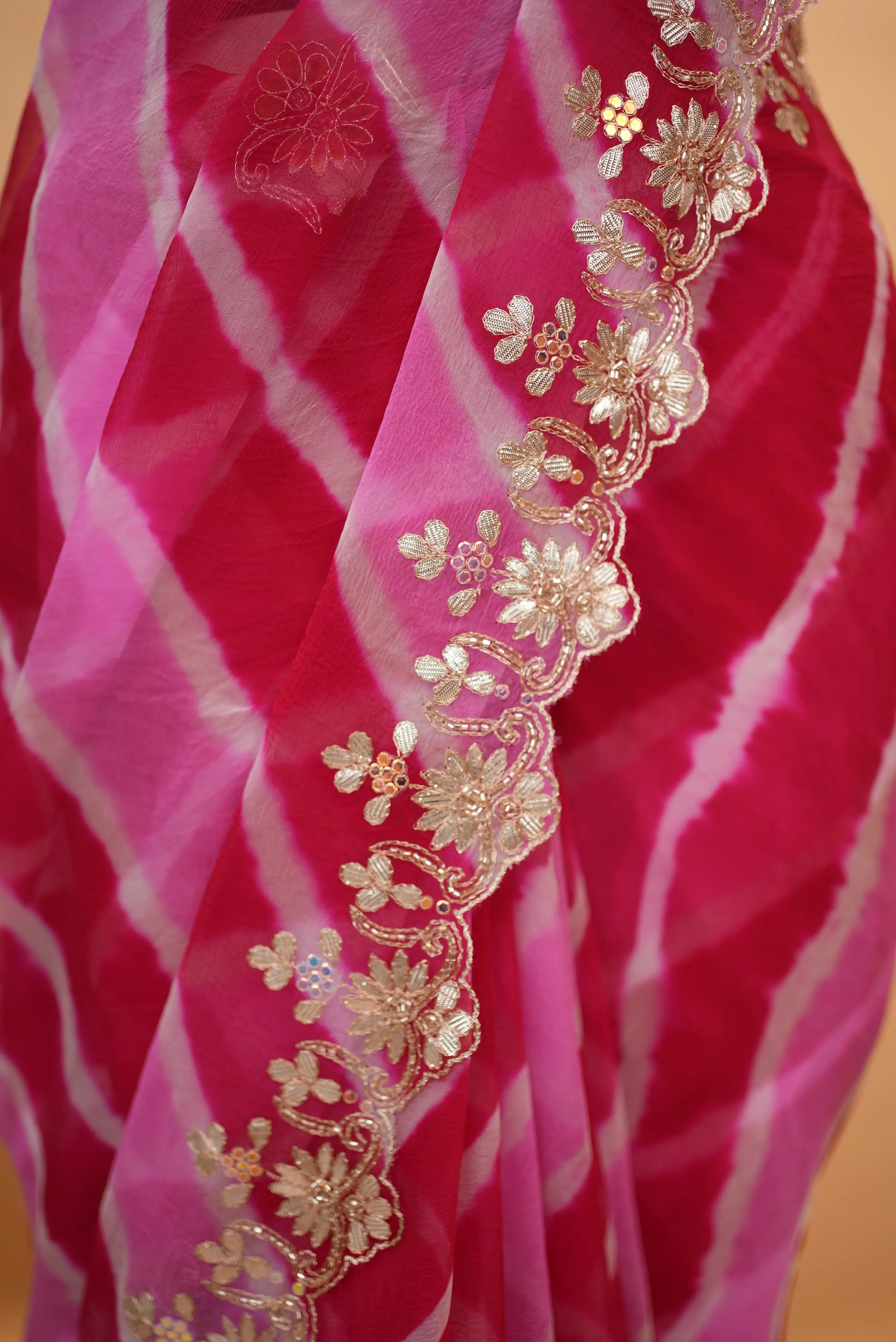 Gota Patti Handwork Pure Chiffon Leheriya Saree (With Blouse)