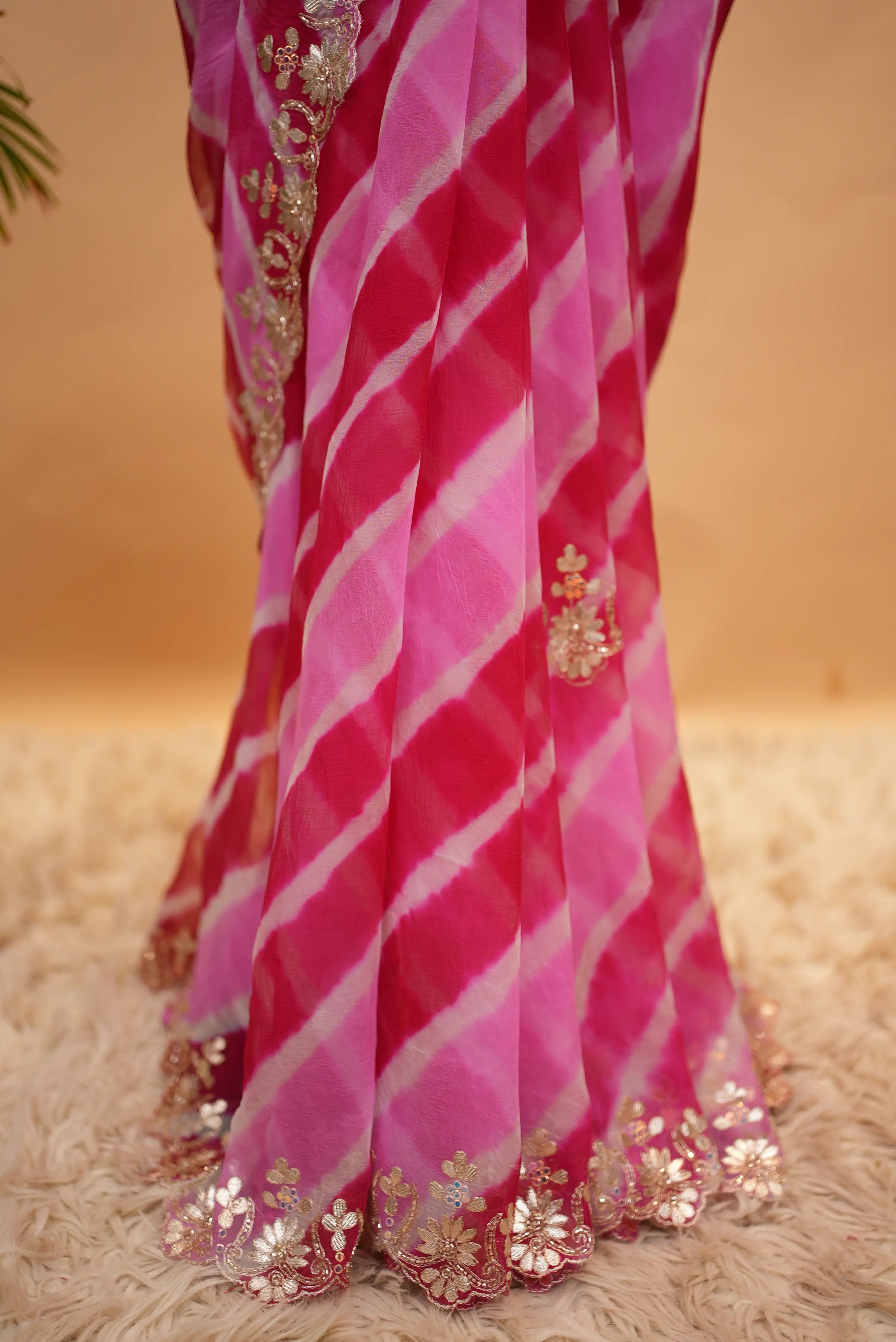 Gota Patti Handwork Pure Chiffon Leheriya Saree (With Blouse)