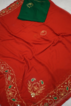 CHMUNDA CHIFFON FABRIC RAJPUTI SAREE WITH VANTAGE WORK (WITH BLOUSE) ##SR0251