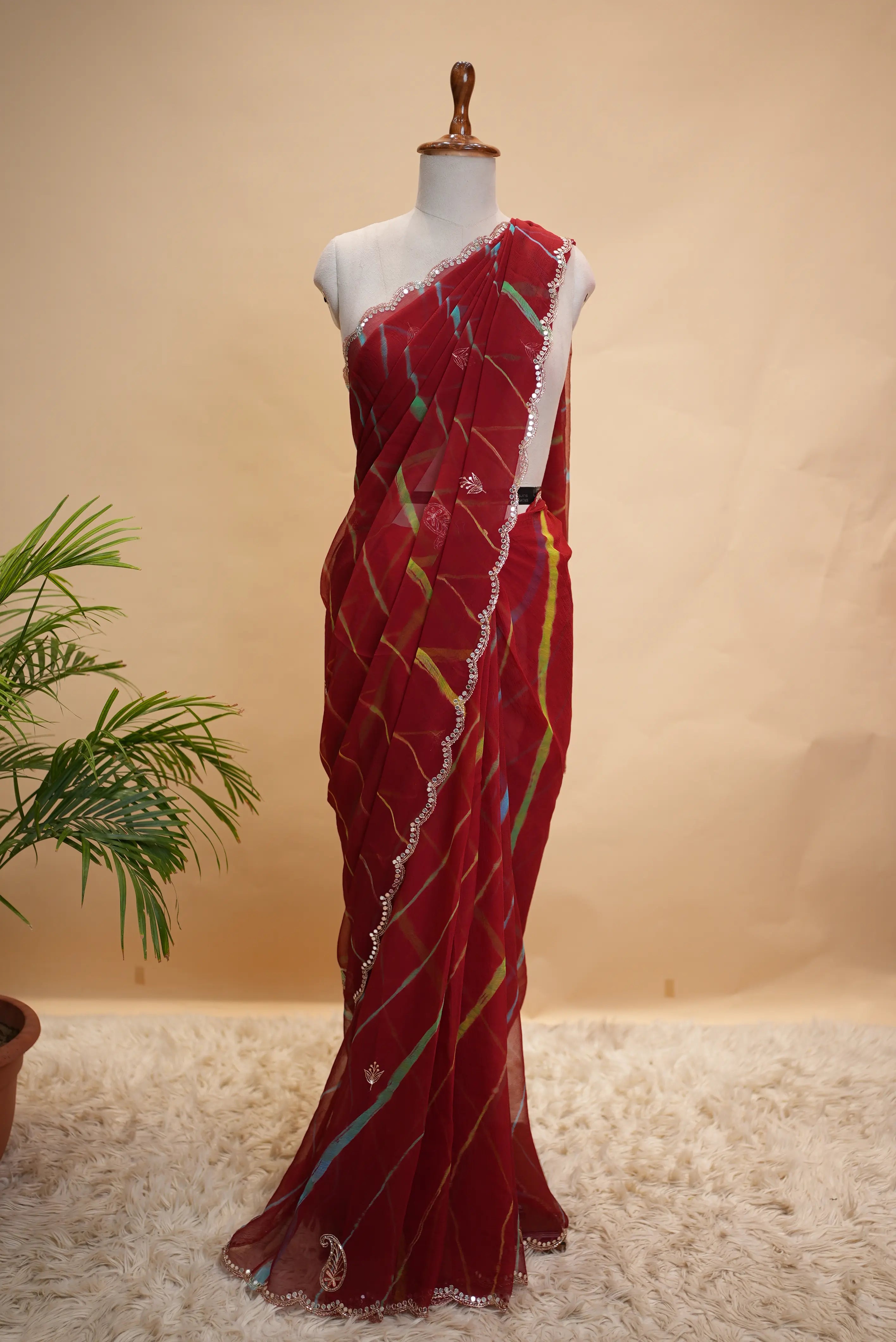 Chiffon Fabric Leheriya Saree with Butta Pattern (With Blouse)