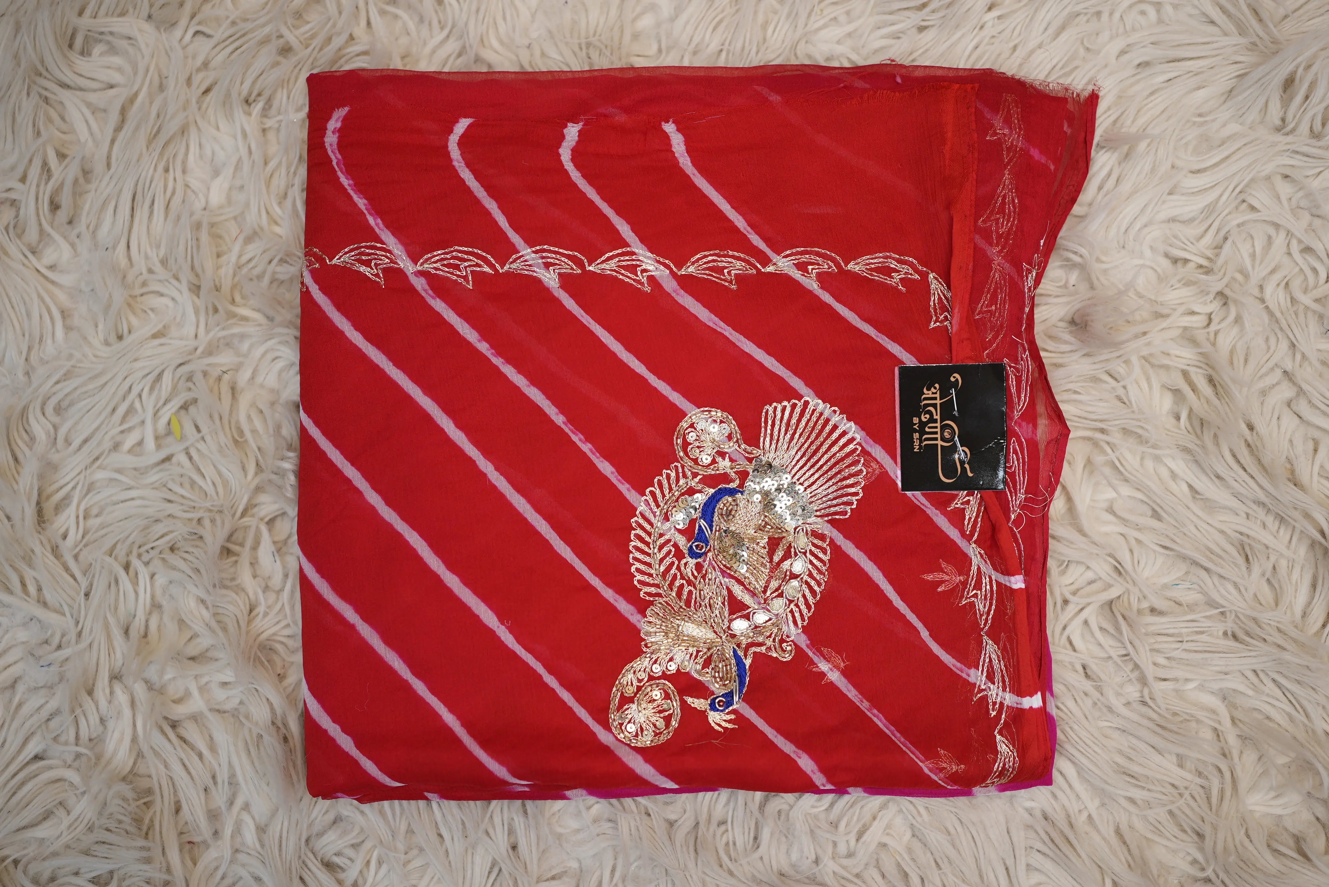 Pure Chiffon Leheriya Saree with Cut Dana & Sequins Work