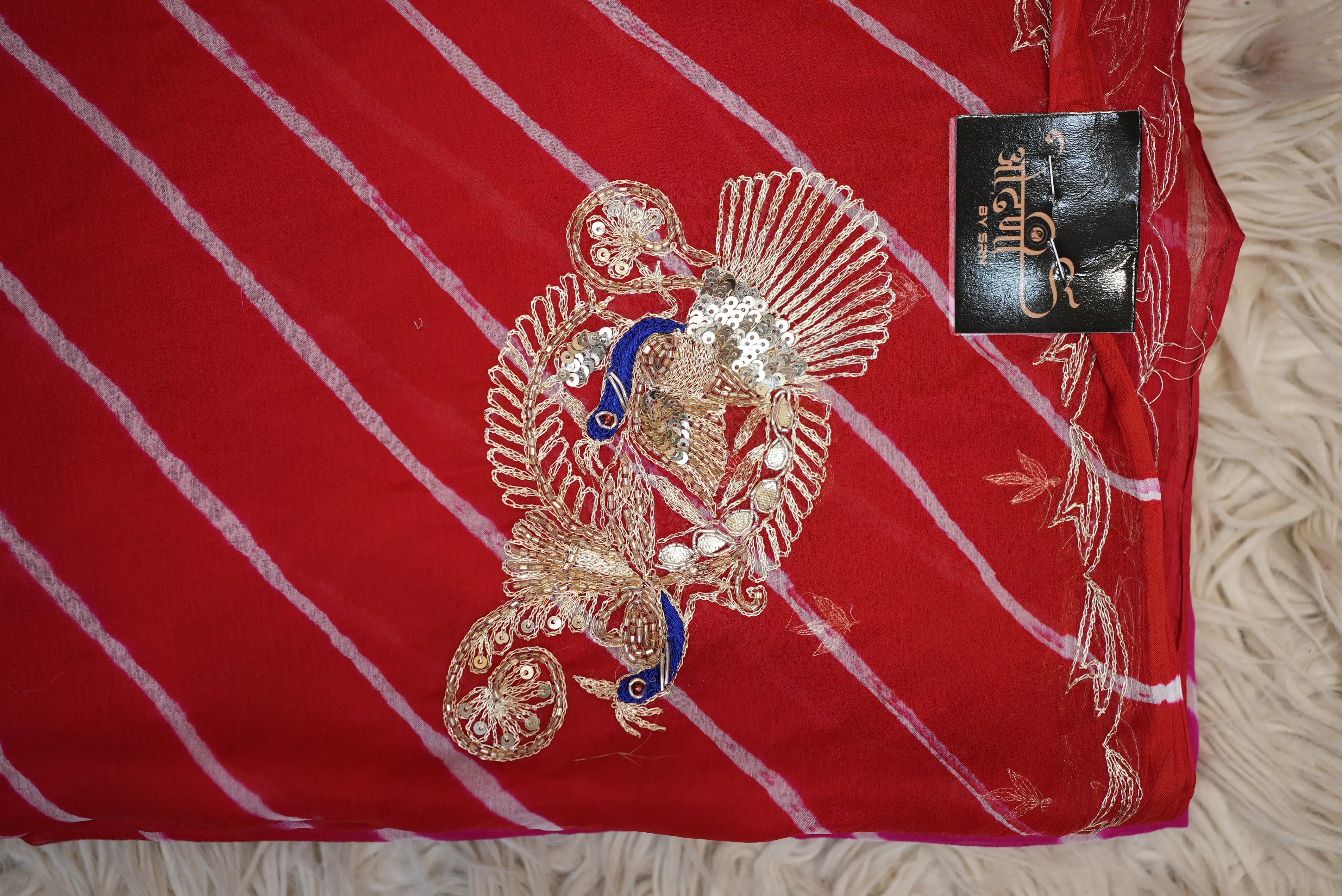 Pure Chiffon Leheriya Saree with Cut Dana & Sequins Work