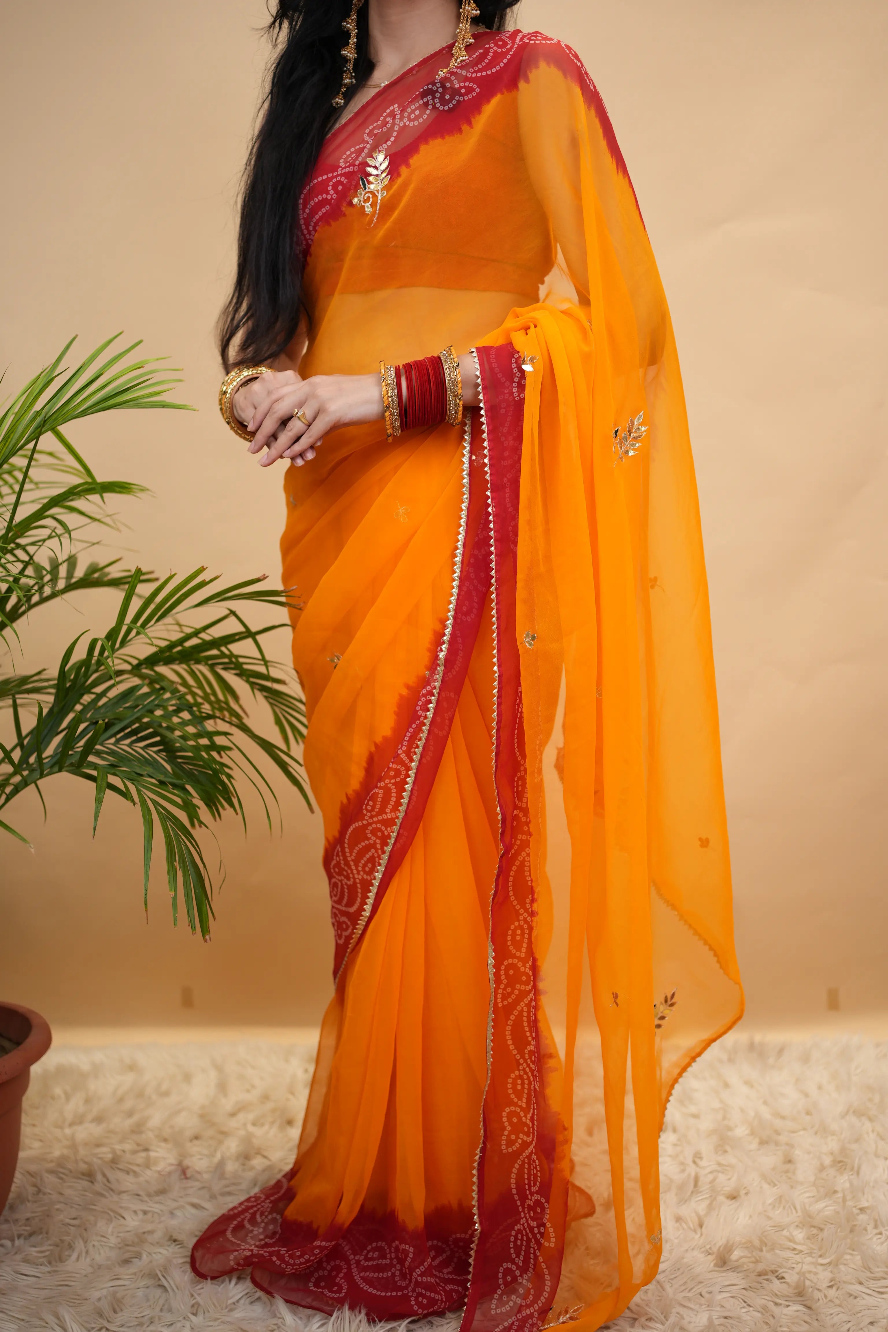 Traditional Shekhawati Pila Saree with Gota Patti Handwork on 30/30 Georgette Fabric (Without Blouse)