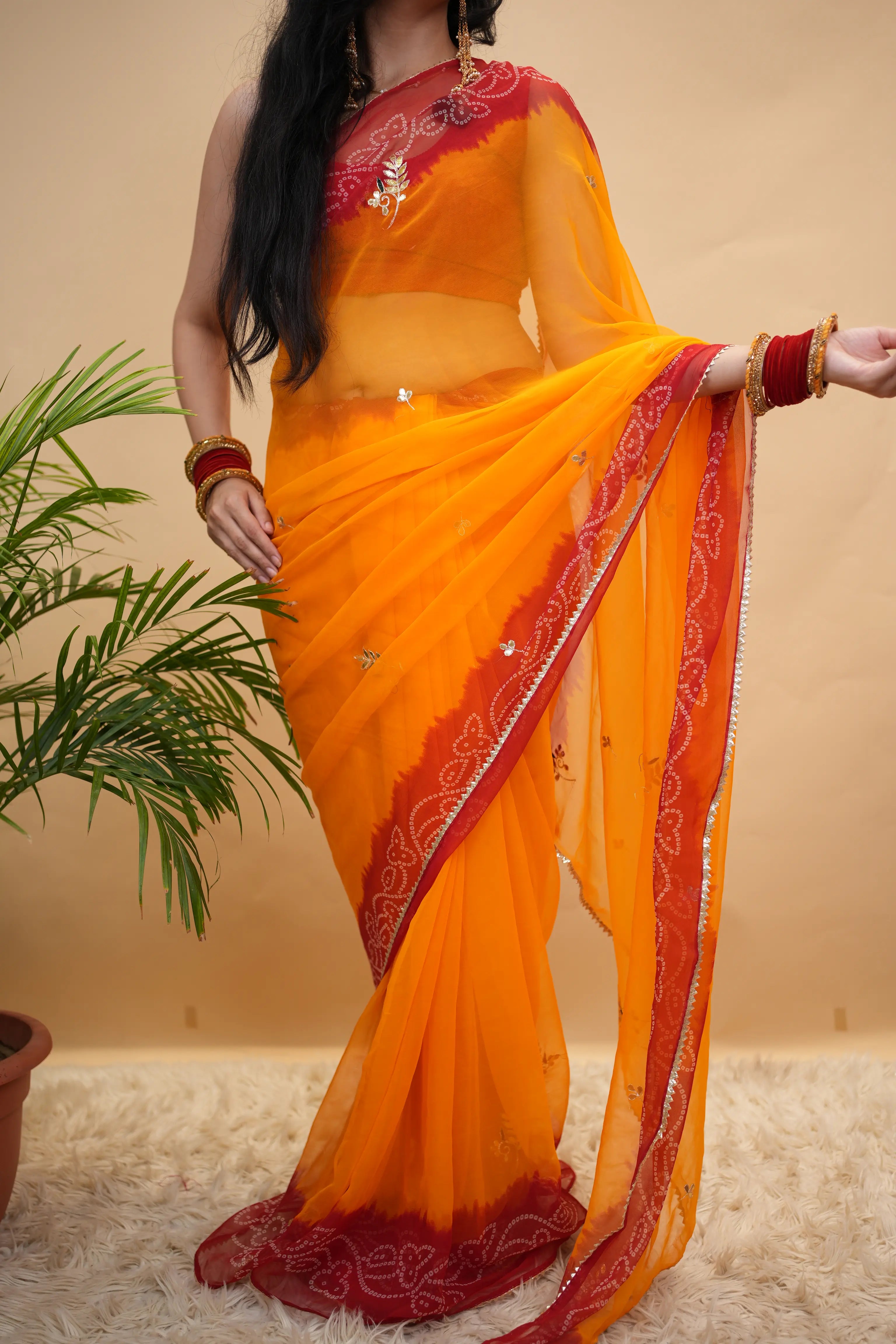 Traditional Shekhawati Pila Saree with Gota Patti Handwork on 30/30 Georgette Fabric (Without Blouse)