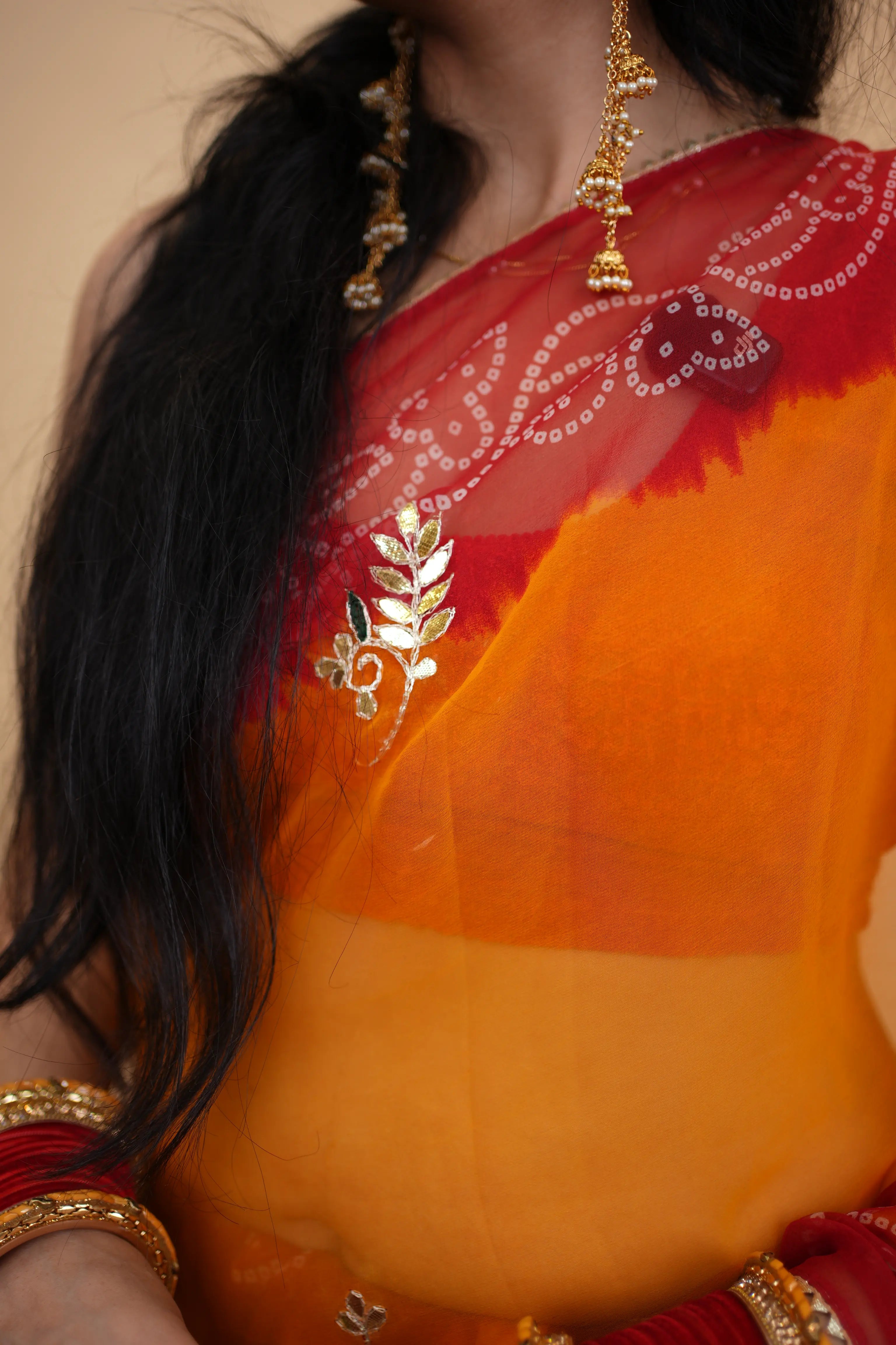 Traditional Shekhawati Pila Saree with Gota Patti Handwork on 30/30 Georgette Fabric (Without Blouse)