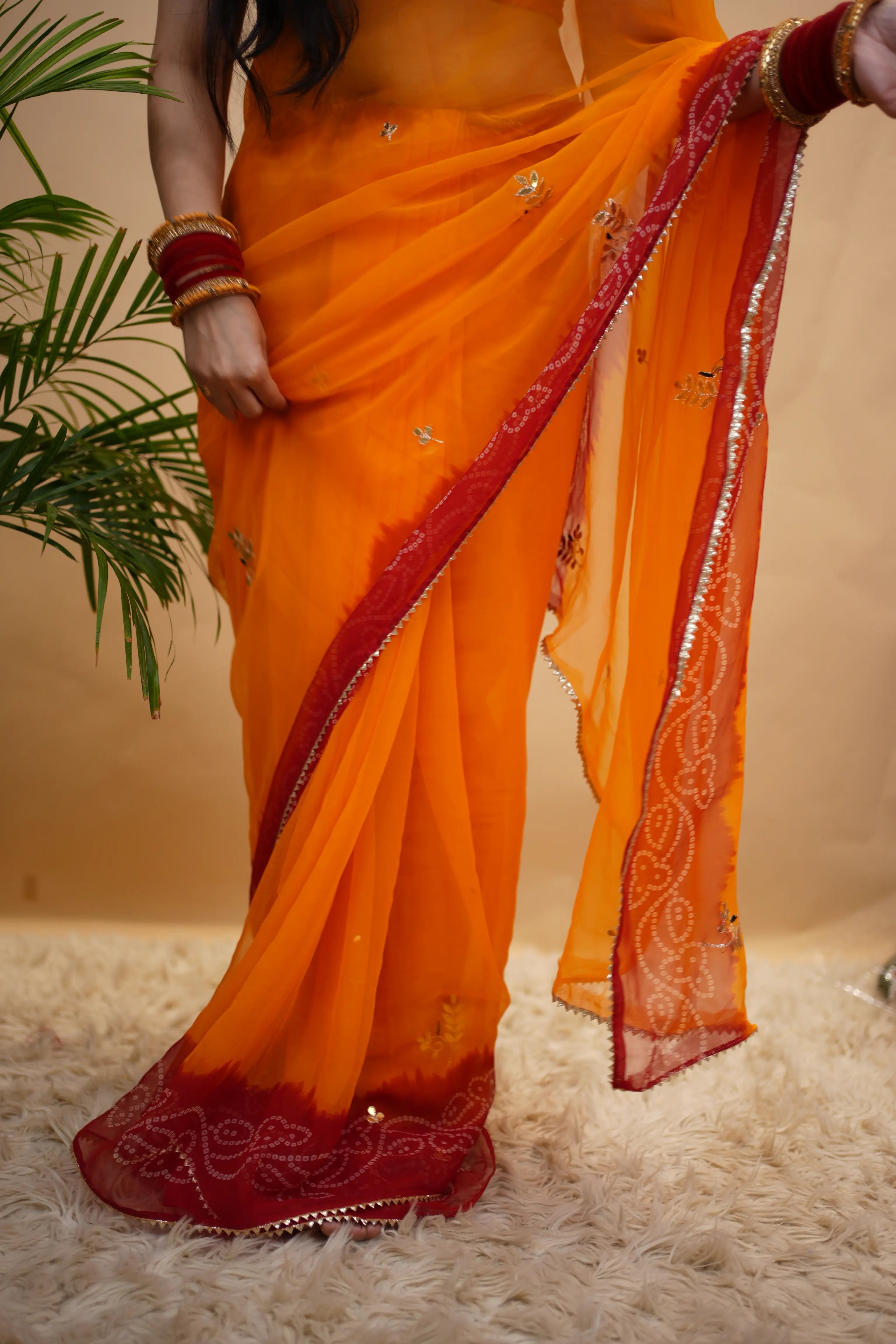 Traditional Shekhawati Pila Saree with Gota Patti Handwork on 30/30 Georgette Fabric (Without Blouse)