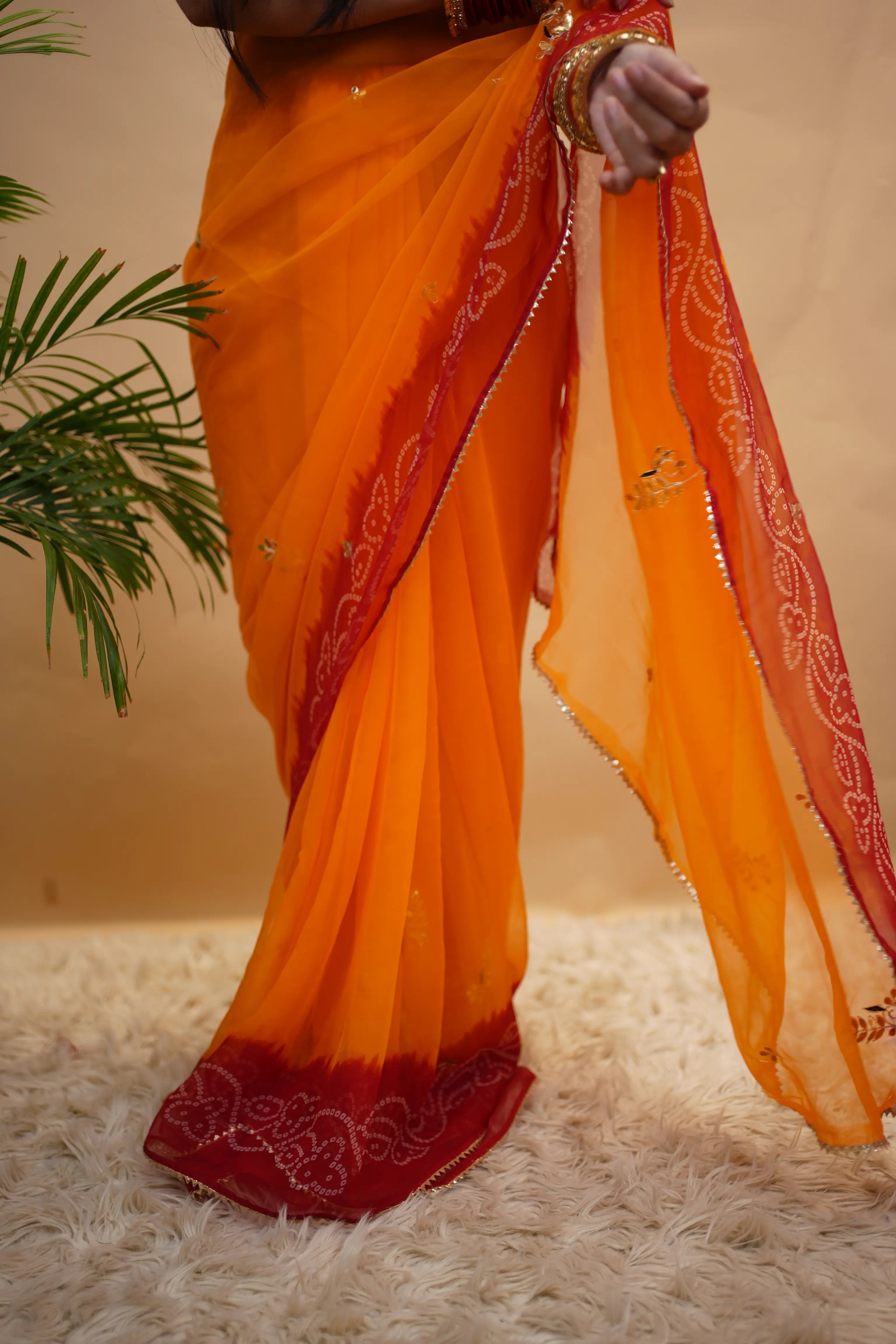 Traditional Shekhawati Pila Saree with Gota Patti Handwork on 30/30 Georgette Fabric (Without Blouse)