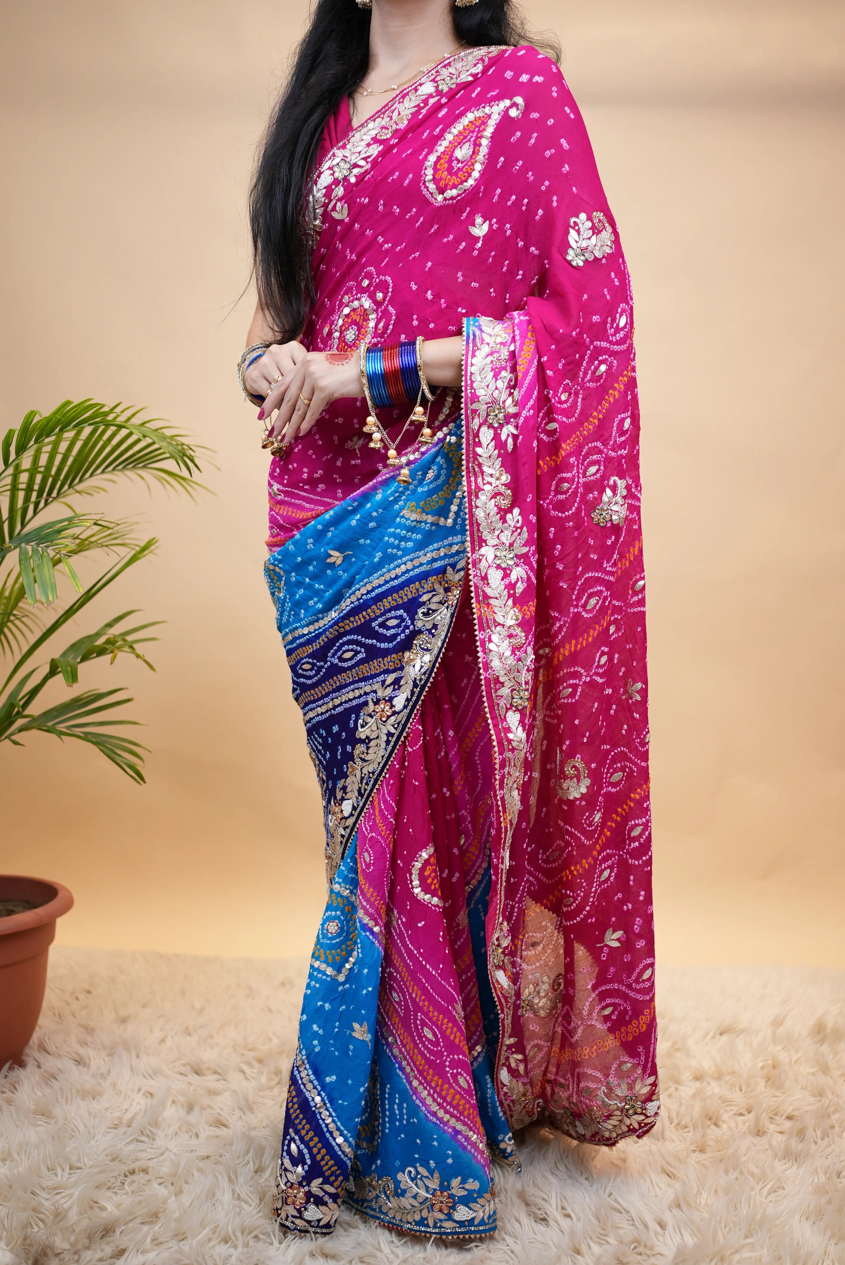 Pure Ojhariya Fabric Hand Bandhej Multi Color Rai Bandhani Saree With Gota Patti Hand Work (With Blouse)