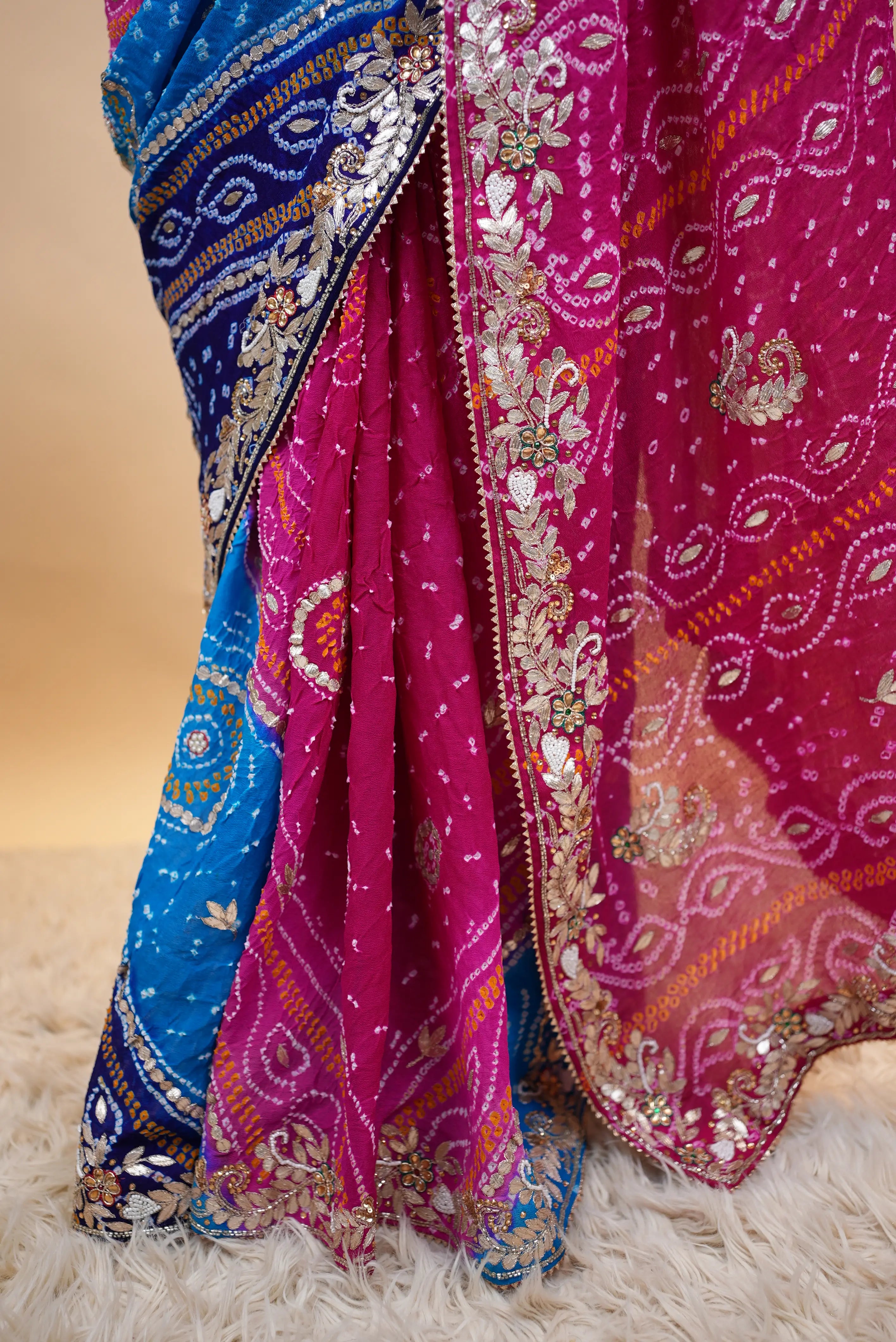 Pure Ojhariya Fabric Hand Bandhej Multi Color Rai Bandhani Saree With Gota Patti Hand Work (With Blouse)