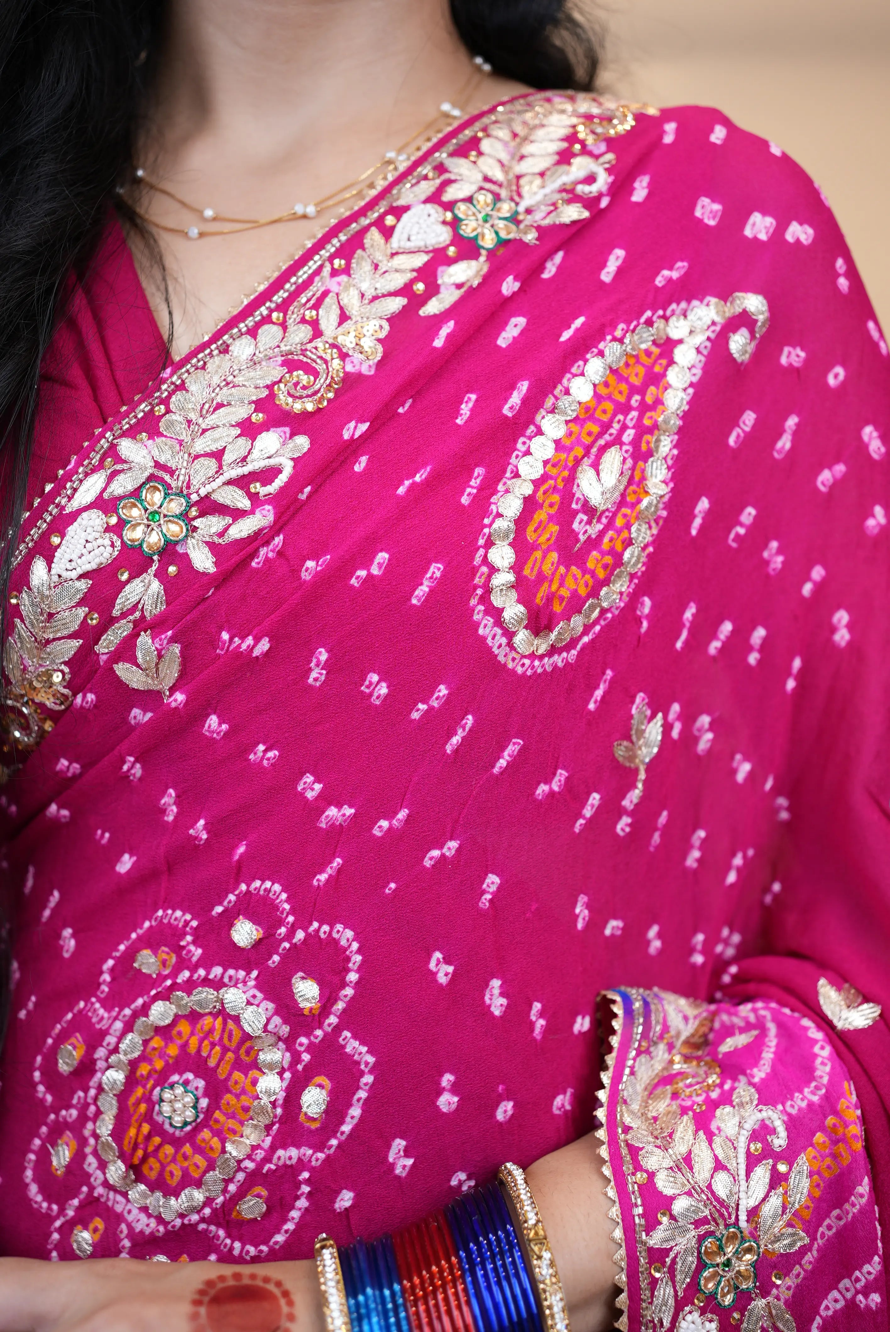 Pure Ojhariya Fabric Hand Bandhej Multi Color Rai Bandhani Saree With Gota Patti Hand Work (With Blouse)