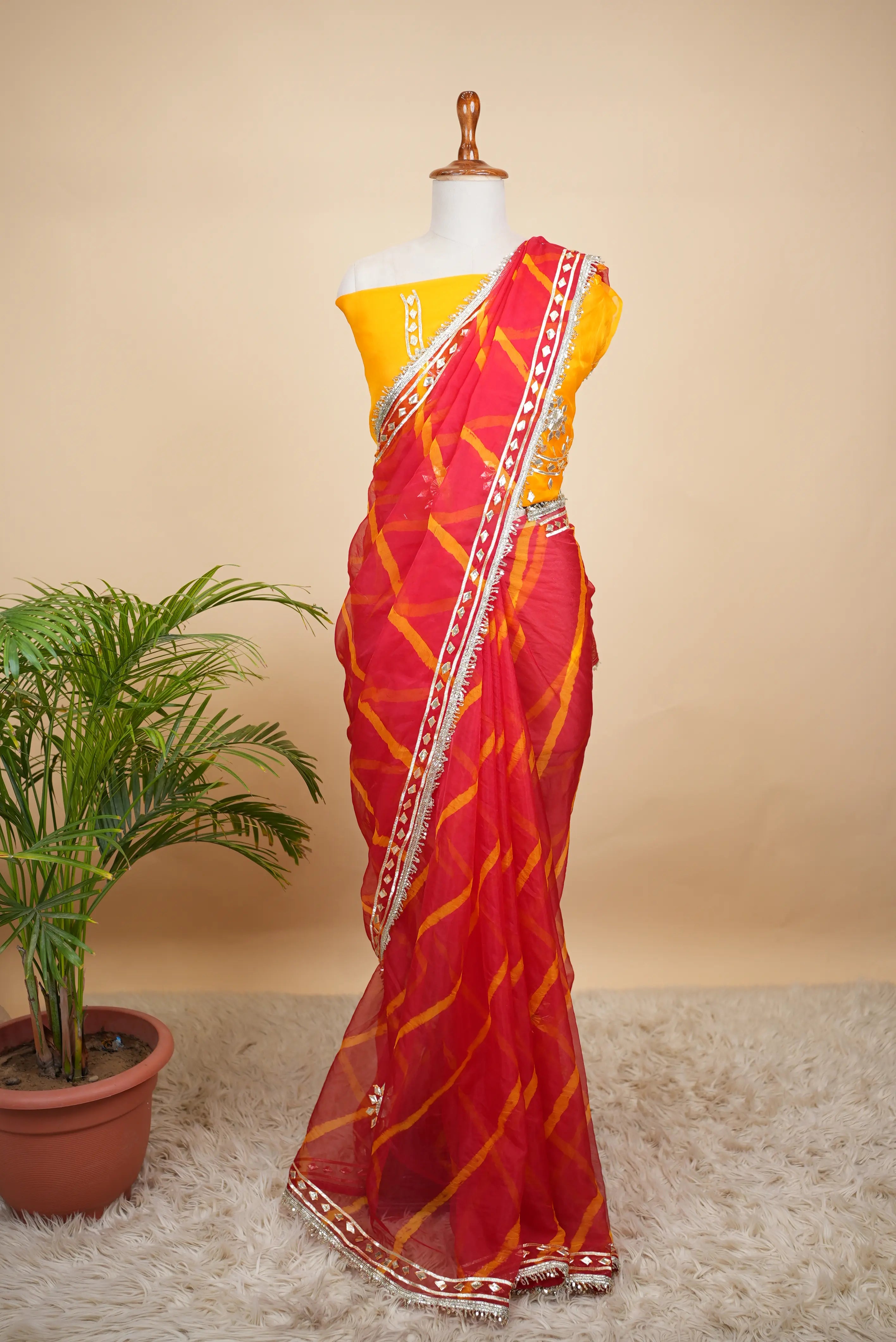 Organza Leheriya Saree with Aangi Blouse & Gota Patti Work