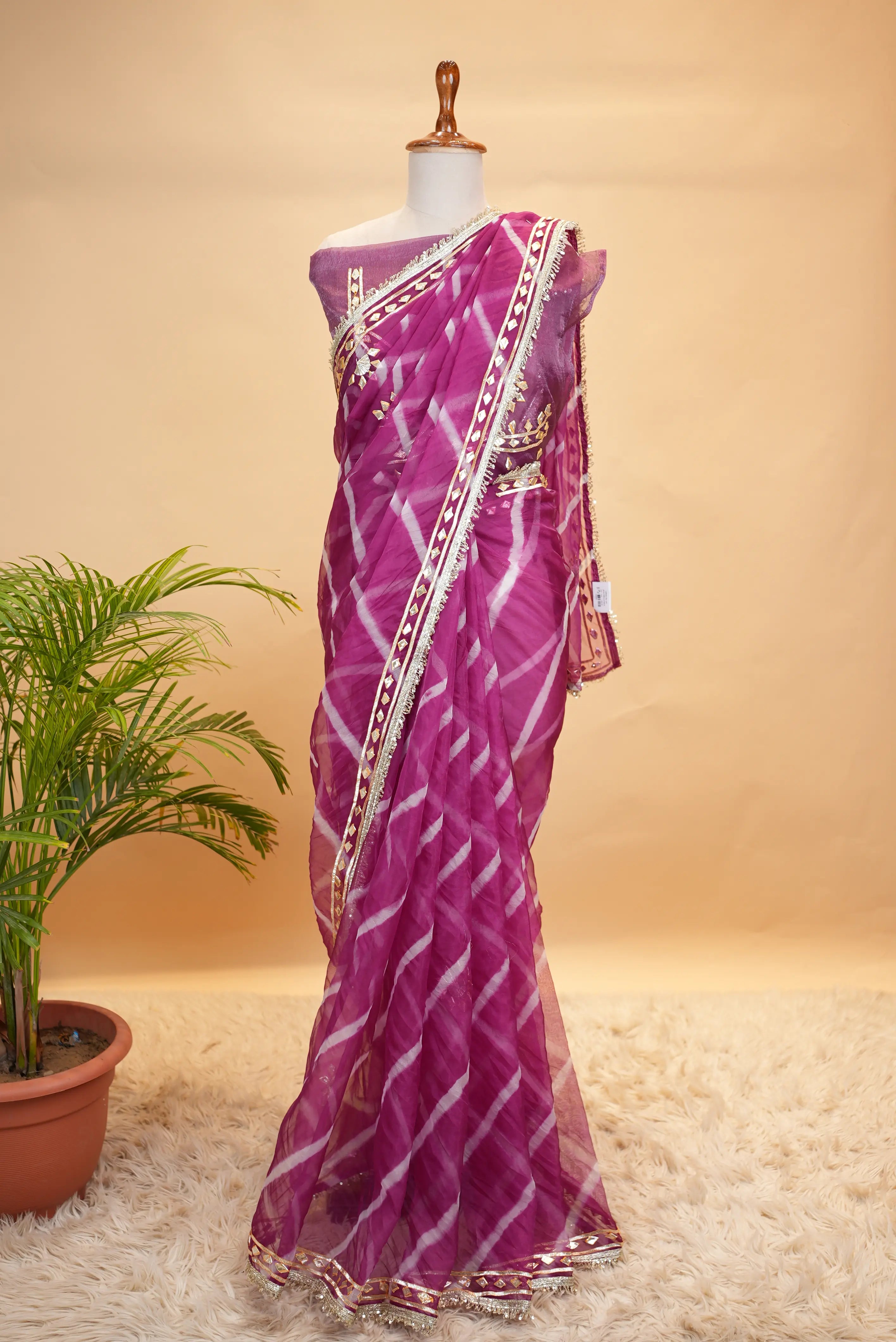 Organza Leheriya Saree with Aangi Blouse & Gota Patti Work