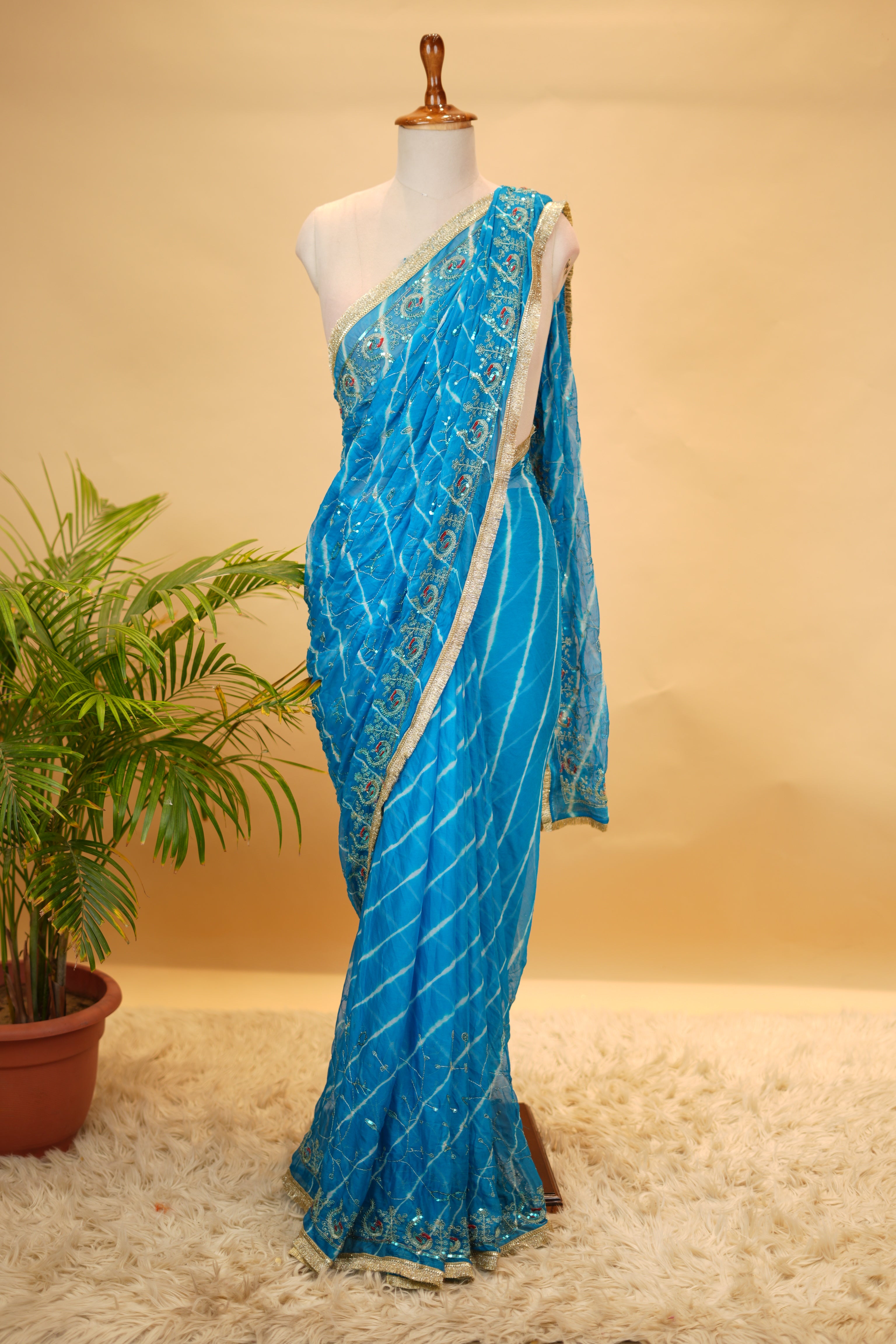 RAJWADI LEHRIYA SAREE WITH AARI TARI WORK (WITH BLOUSE)