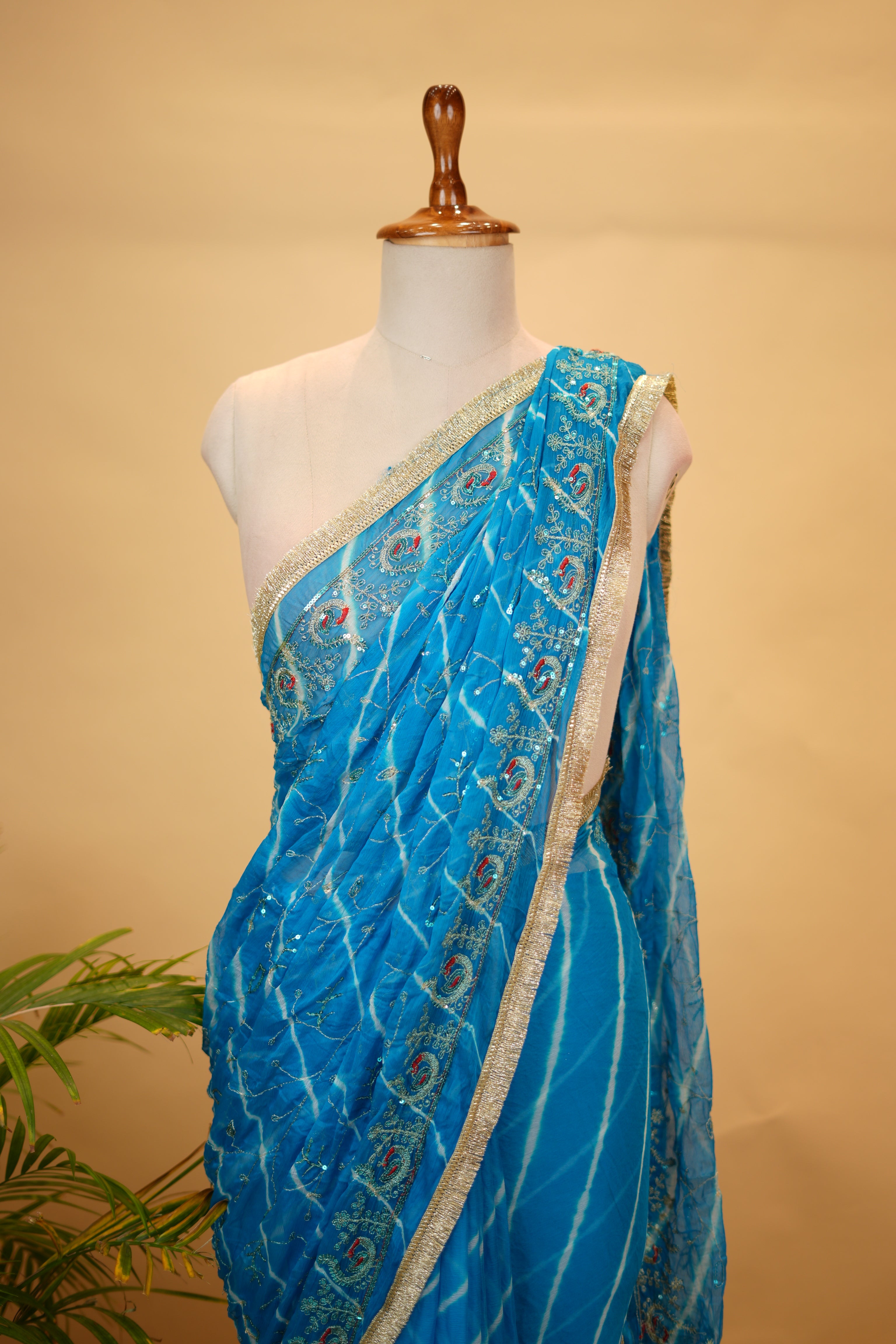RAJWADI LEHRIYA SAREE WITH AARI TARI WORK (WITH BLOUSE)
