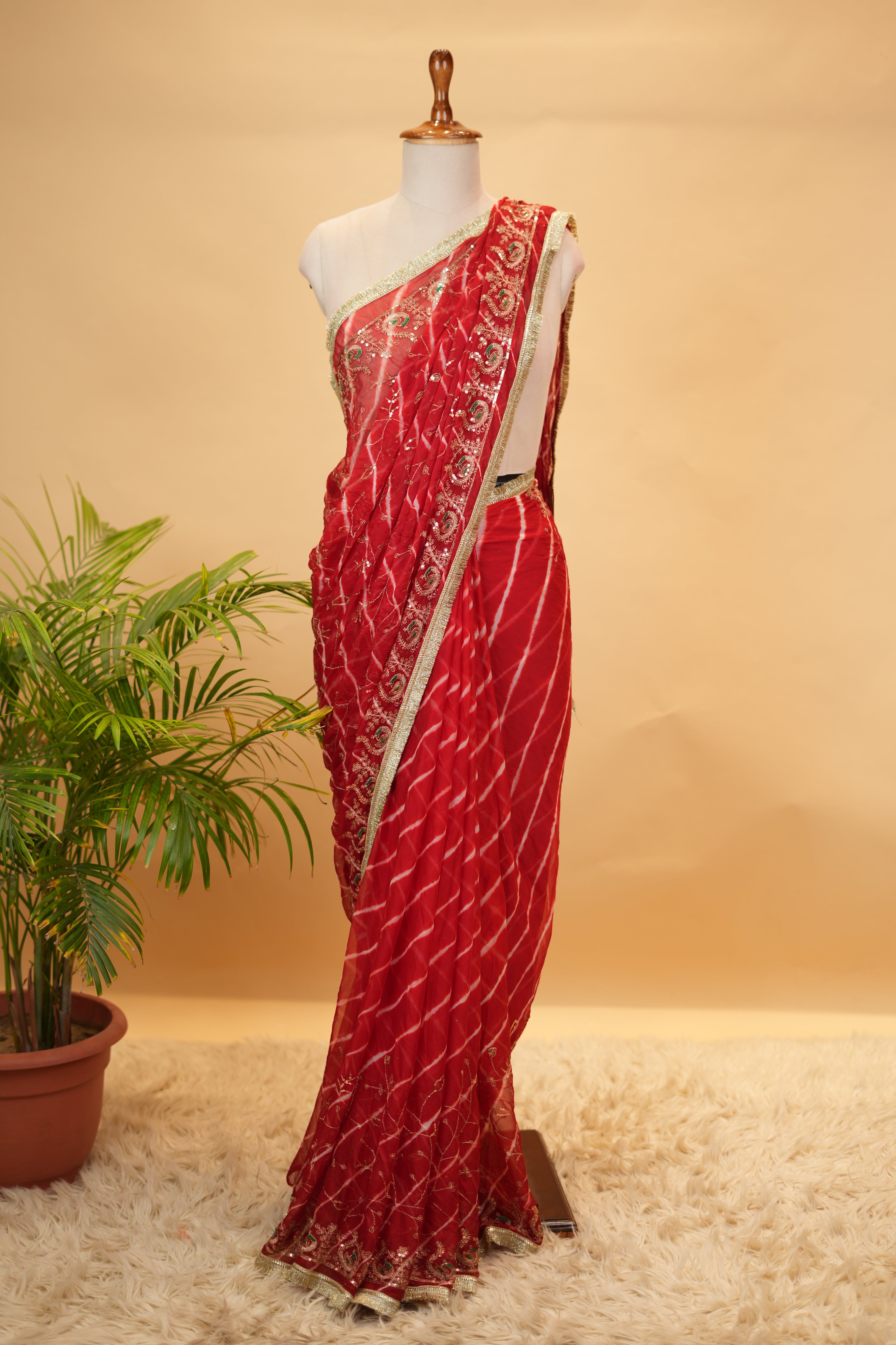 RAJWADI LEHRIYA SAREE WITH AARI TARI WORK (WITH BLOUSE)