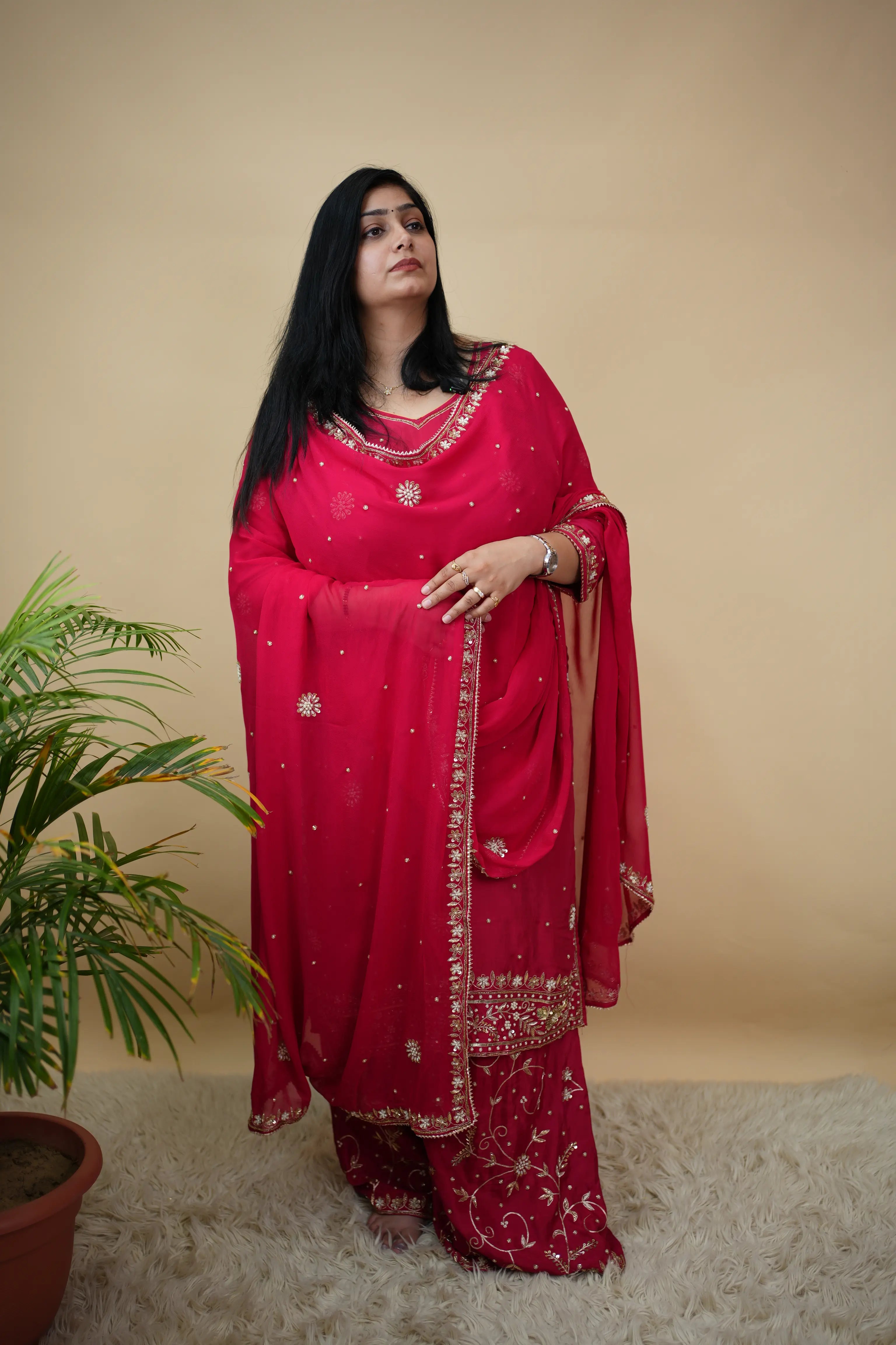 Pure Upada Silk Kurta Set with Panel Work, Palazzo & Georgette Dupatta