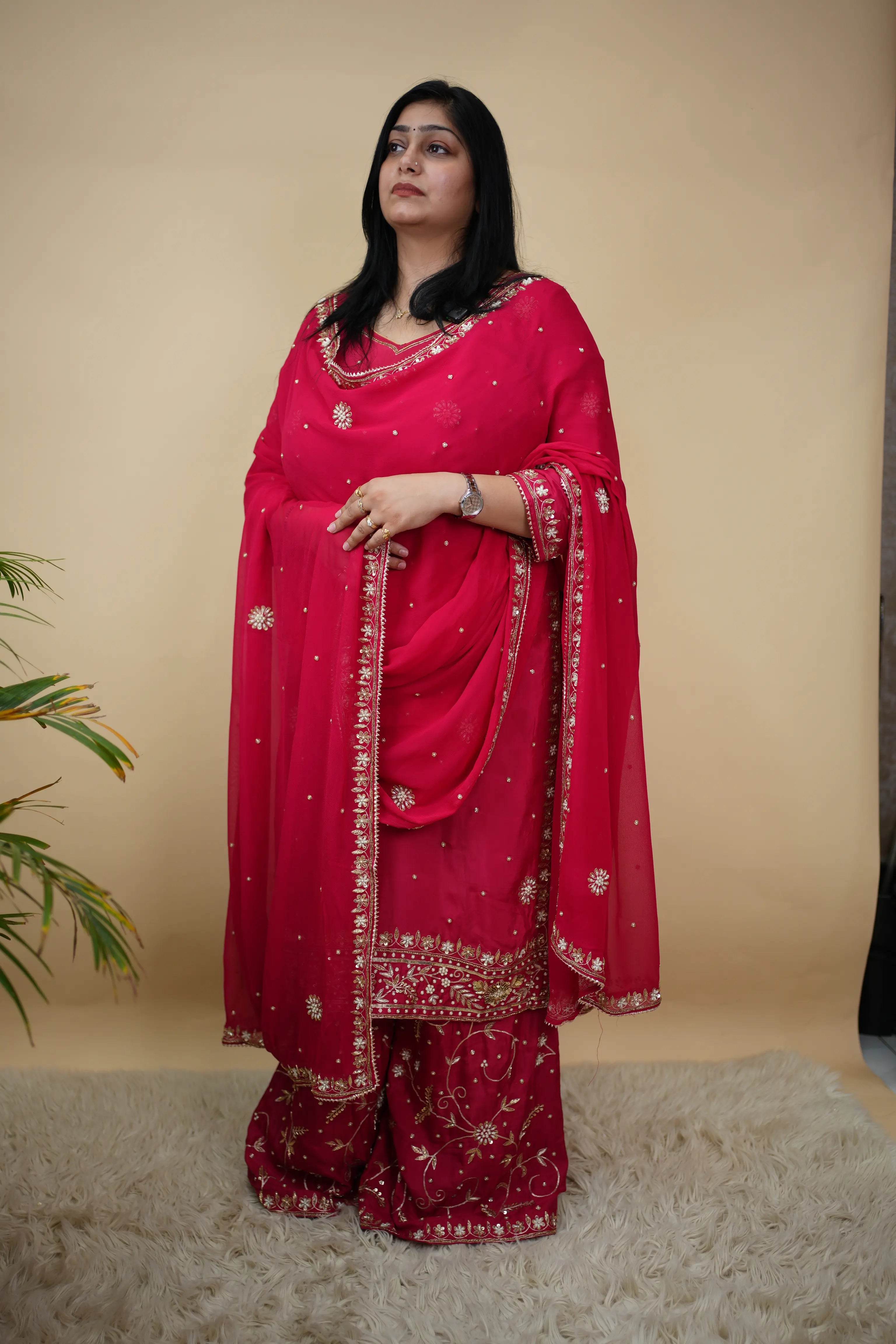 Pure Upada Silk Kurta Set with Panel Work, Palazzo & Georgette Dupatta