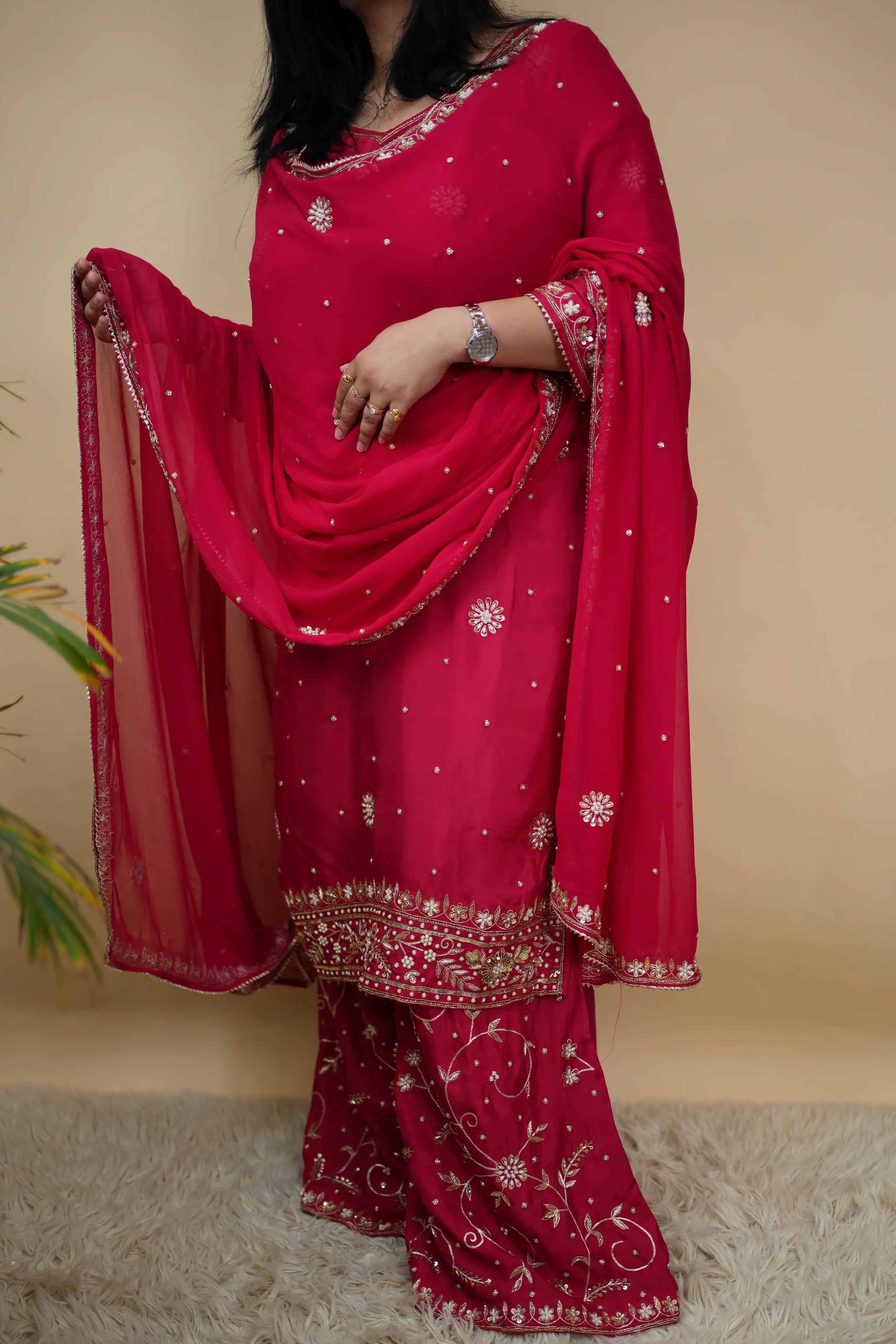 Pure Upada Silk Kurta Set with Panel Work, Palazzo & Georgette Dupatta
