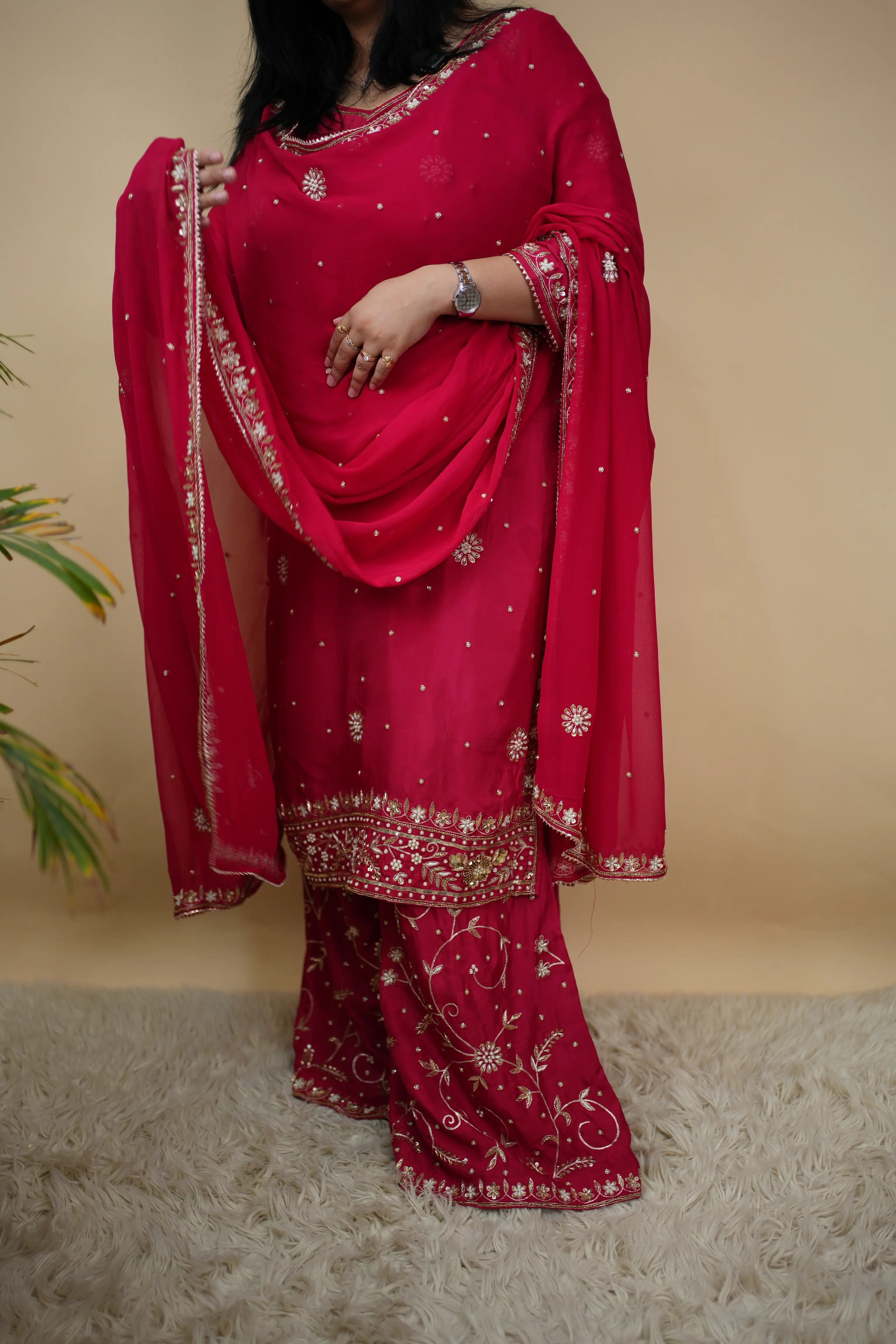 Pure Upada Silk Kurta Set with Panel Work, Palazzo & Georgette Dupatta