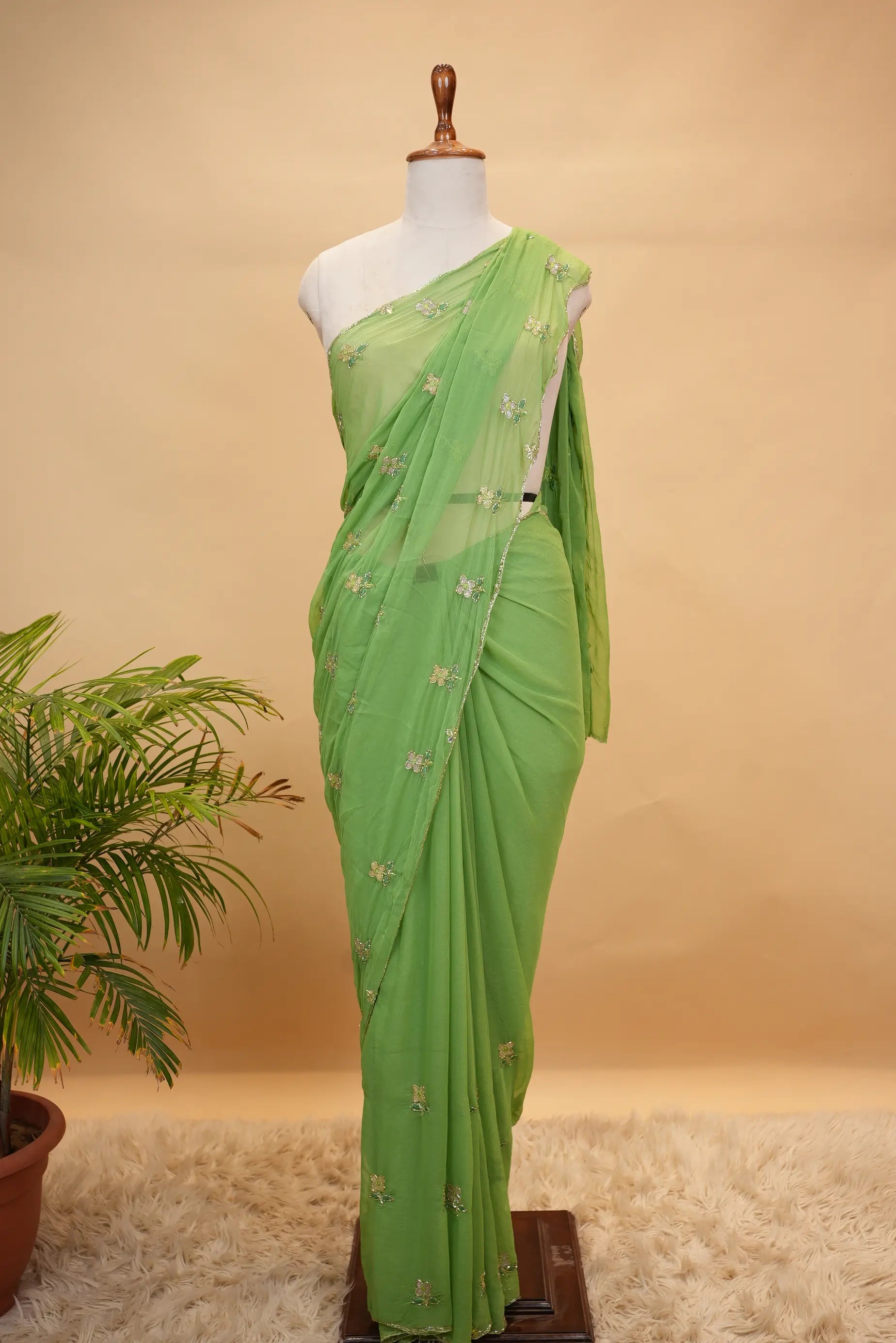 Shimmer Chiffon Saree with Cut Dana & Sequins Work (With Blouse)
