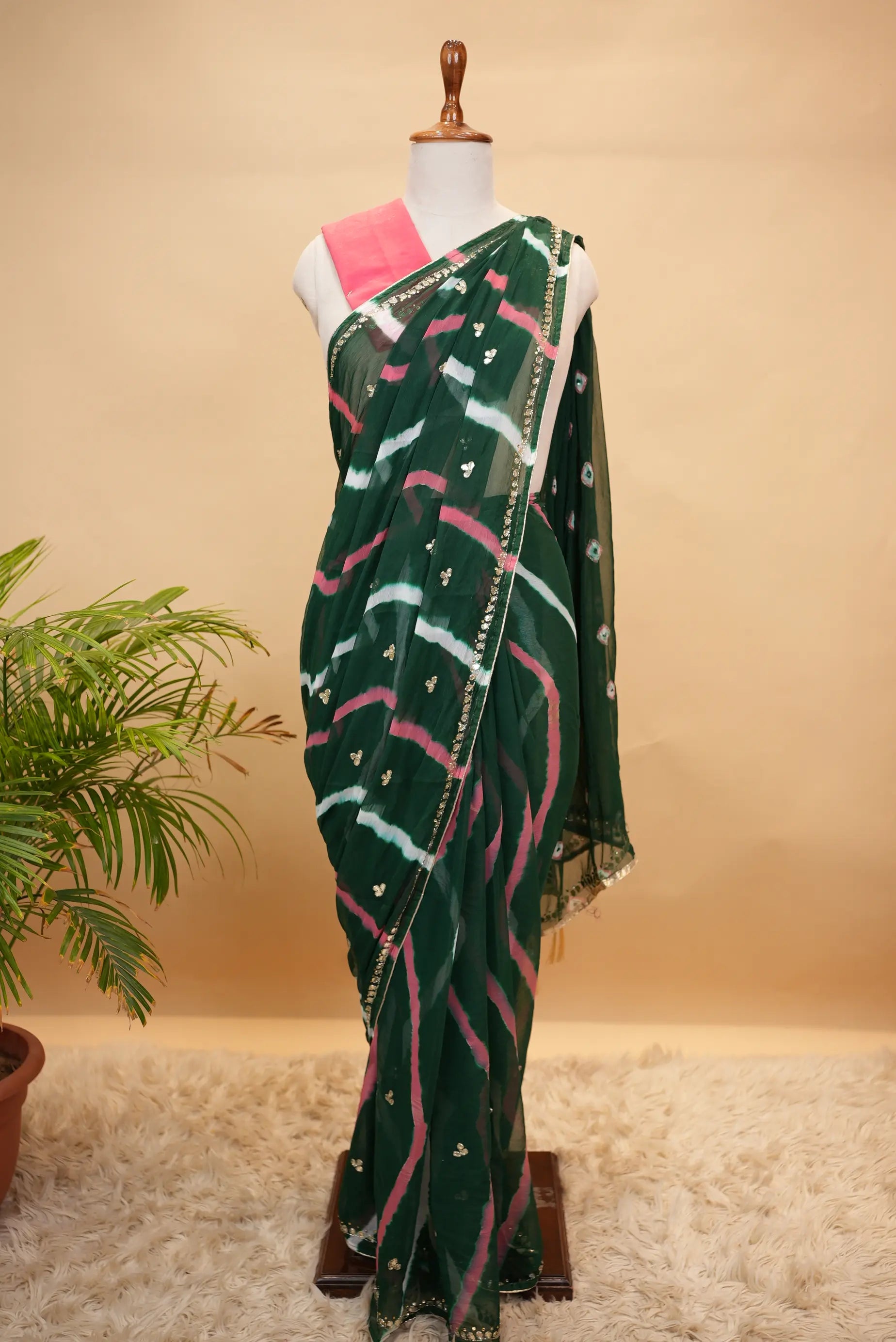 Shimmer Chiffon Leheriya Saree with Cut Dana & Lace Work (With Blouse)