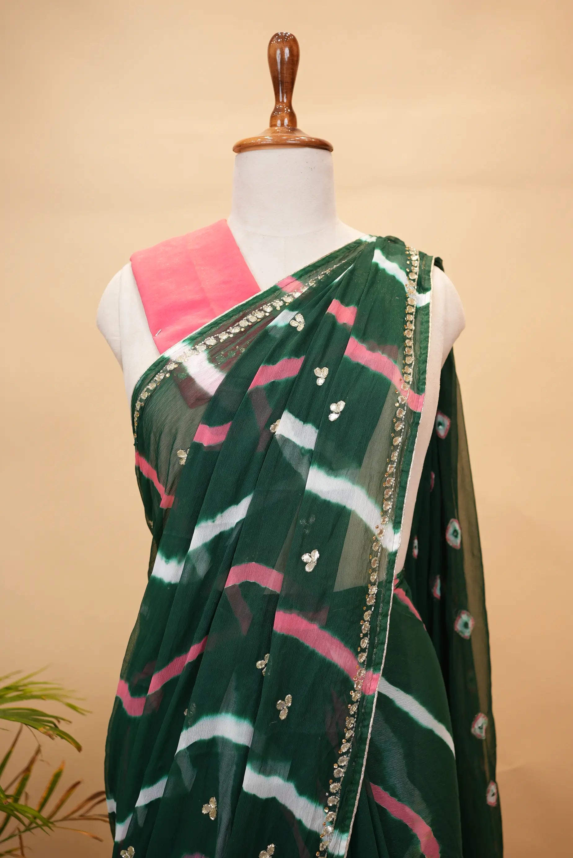 Shimmer Chiffon Leheriya Saree with Cut Dana & Lace Work (With Blouse)