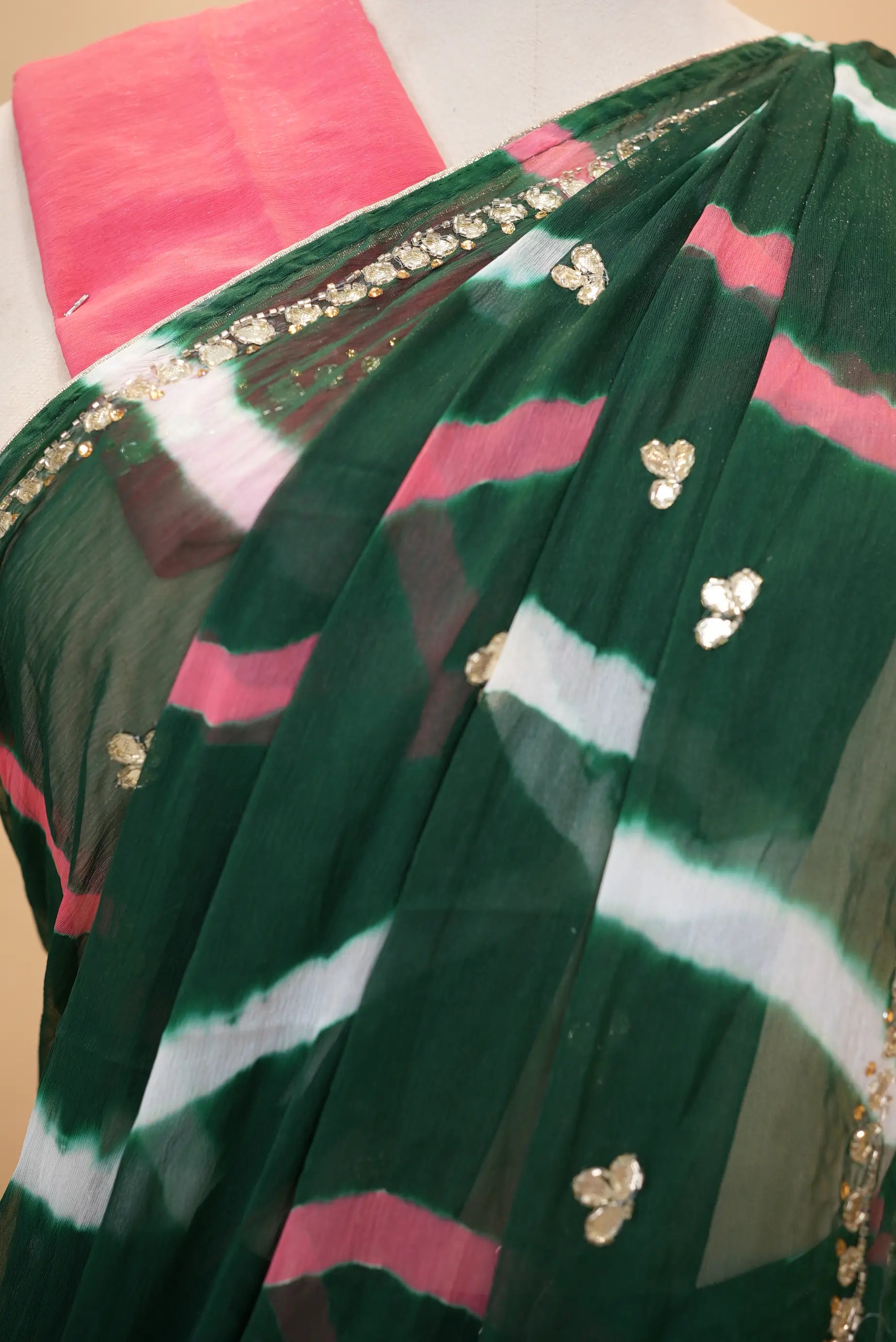 Shimmer Chiffon Leheriya Saree with Cut Dana & Lace Work (With Blouse)