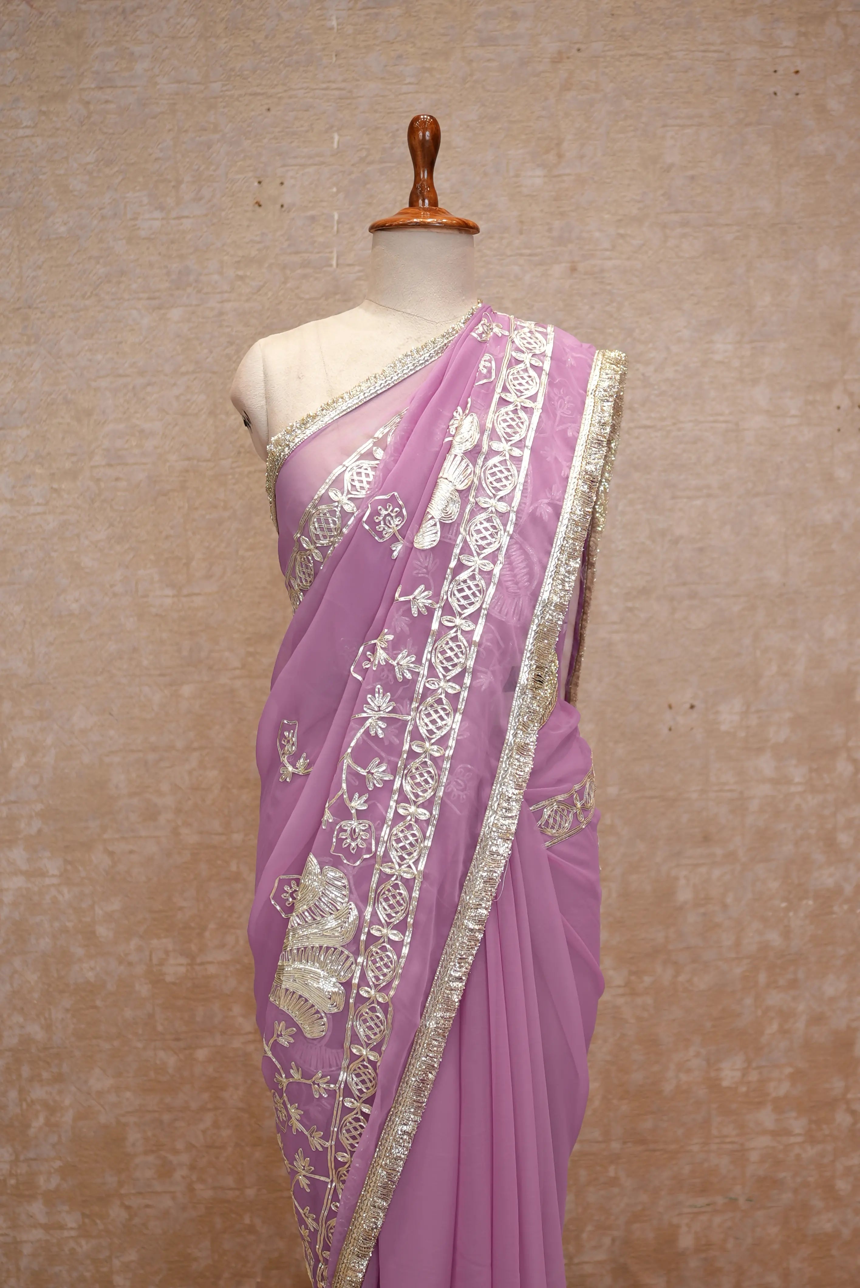 Elegant Peacock Butta Design Georgette Saree With Kacchi Gota Work (With Blouse)