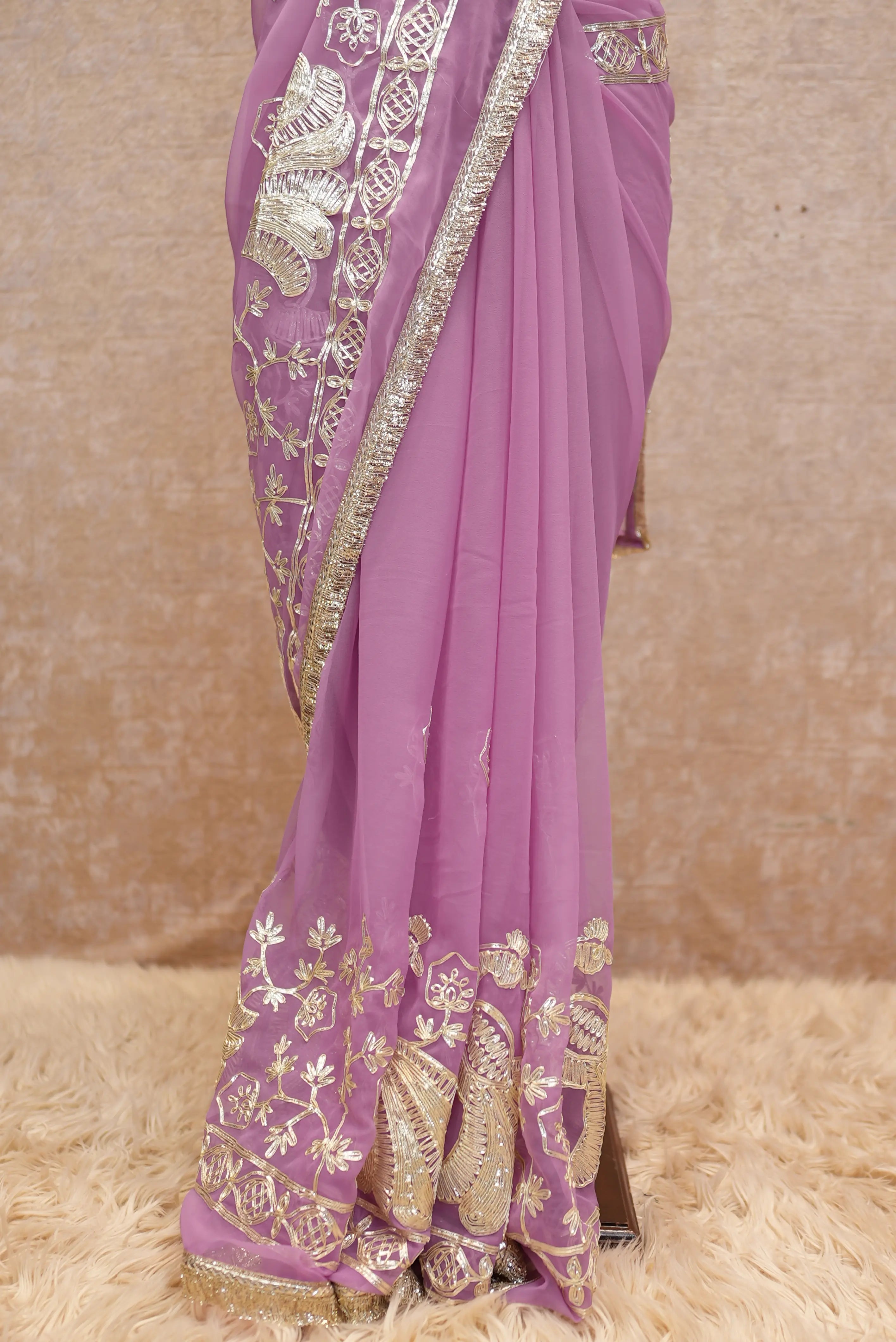 Elegant Peacock Butta Design Georgette Saree With Kacchi Gota Work (With Blouse)
