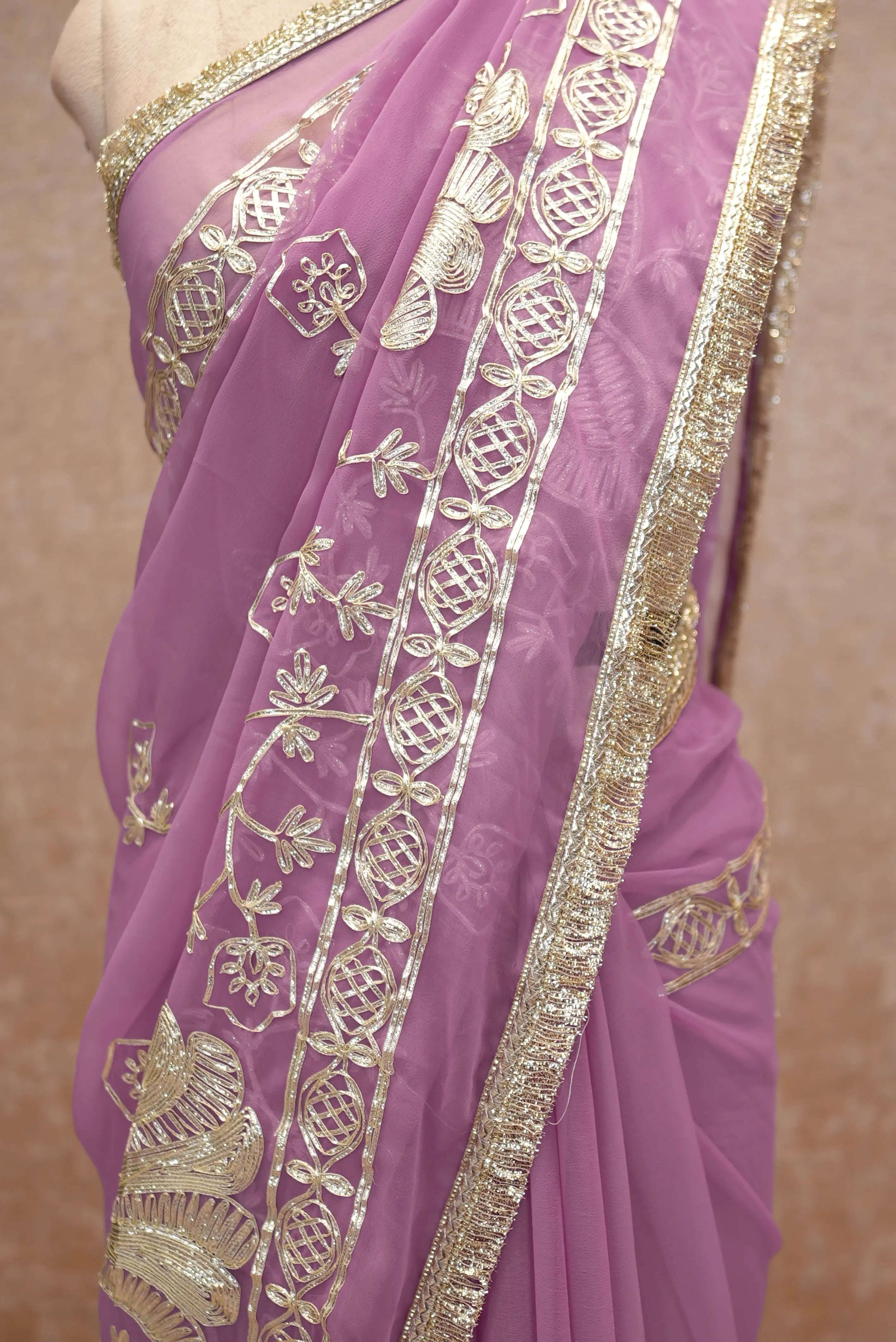Elegant Peacock Butta Design Georgette Saree With Kacchi Gota Work (With Blouse)