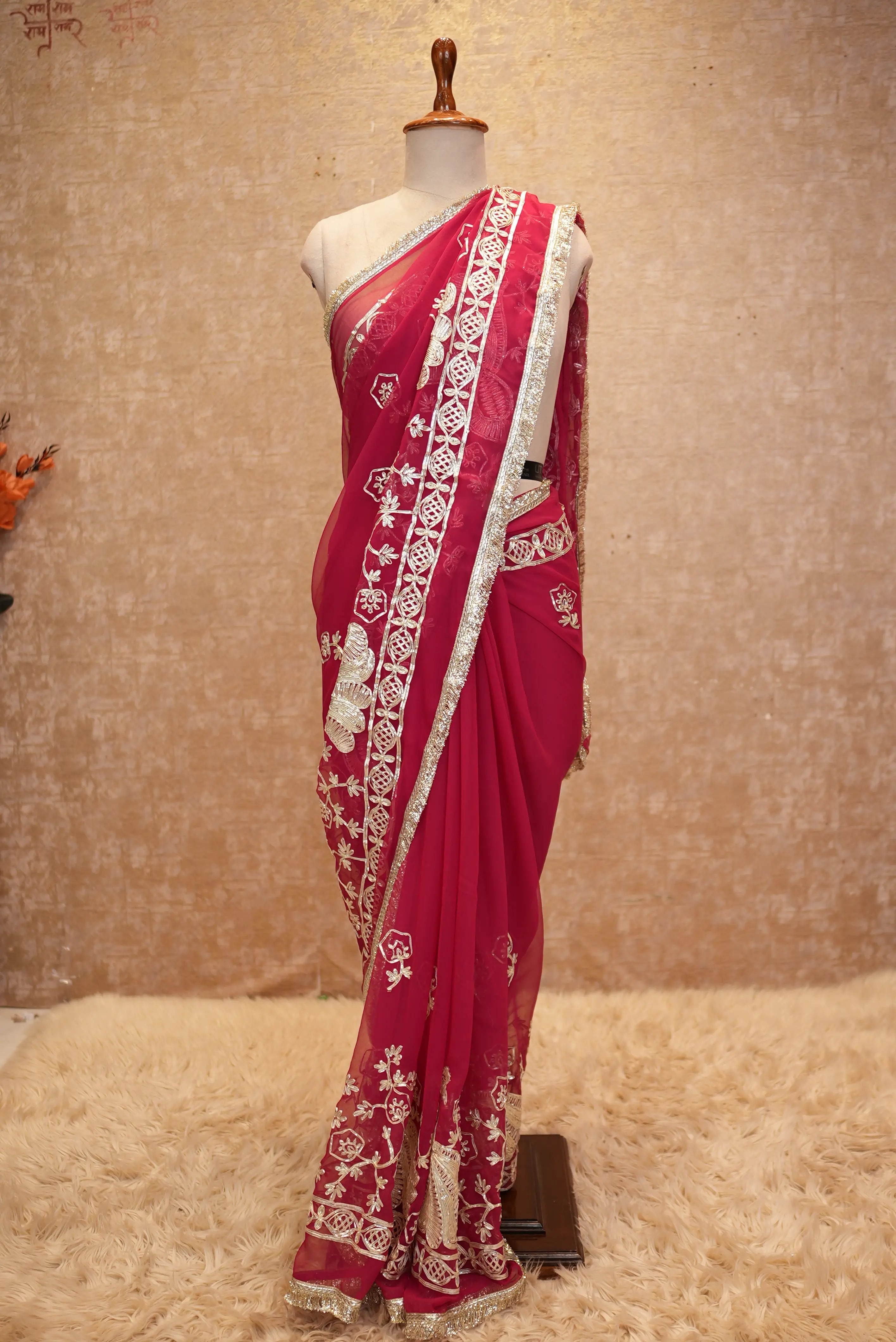 Elegant Peacock Butta Design Georgette Saree With Kacchi Gota Work (With Blouse)