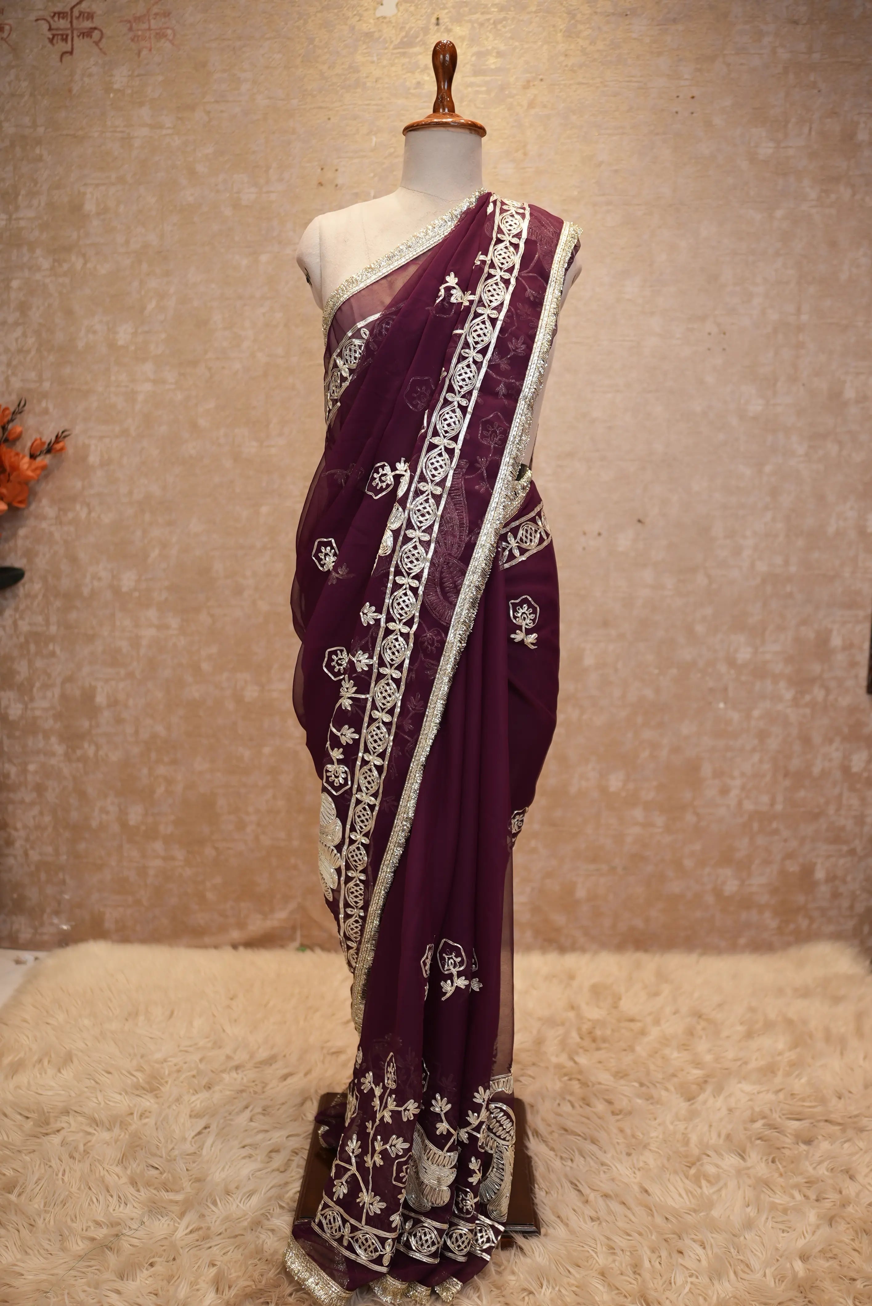 Elegant Peacock Butta Design Georgette Saree With Kacchi Gota Work (With Blouse)