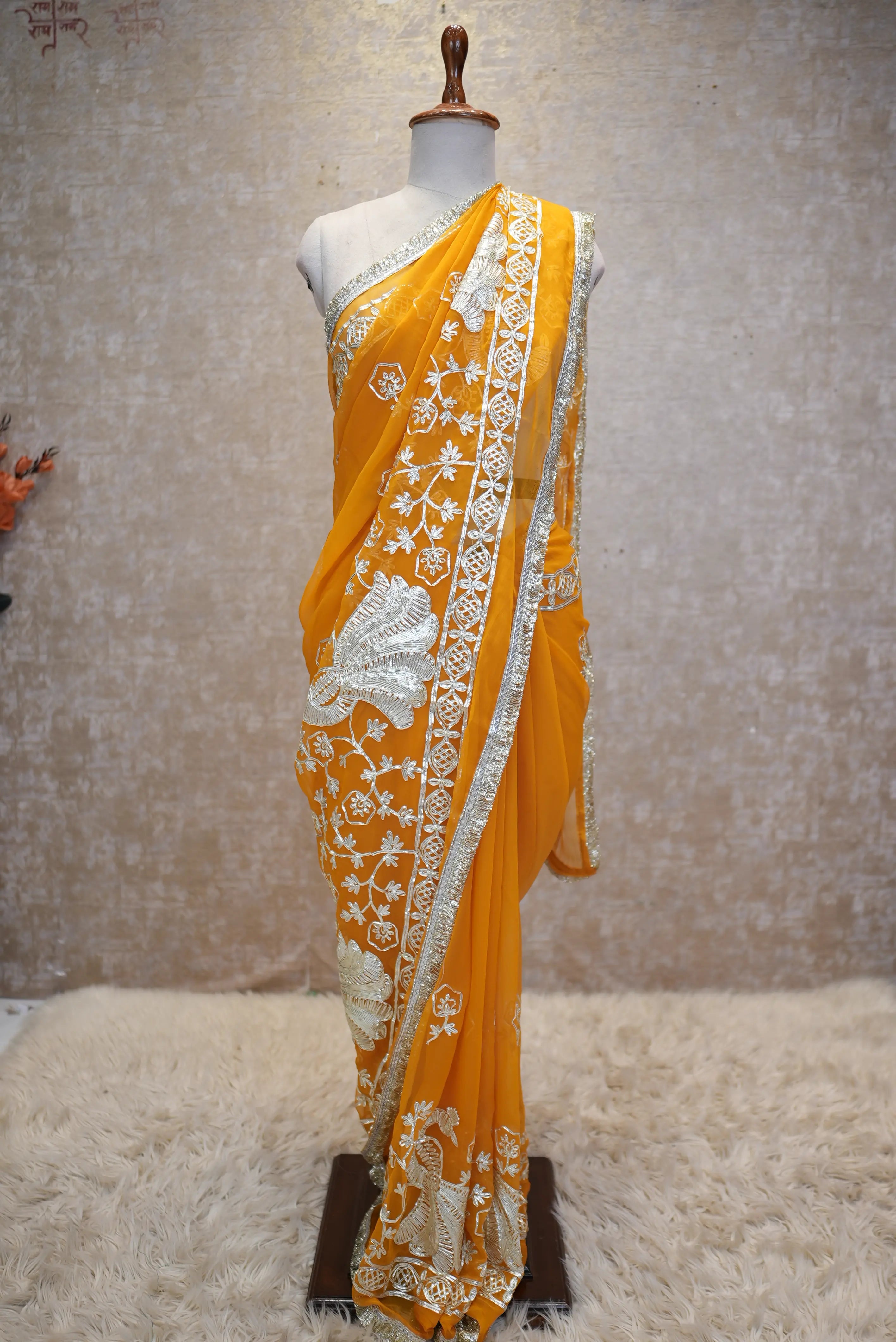 Elegant Peacock Butta Design Georgette Saree With Kacchi Gota Work (With Blouse)