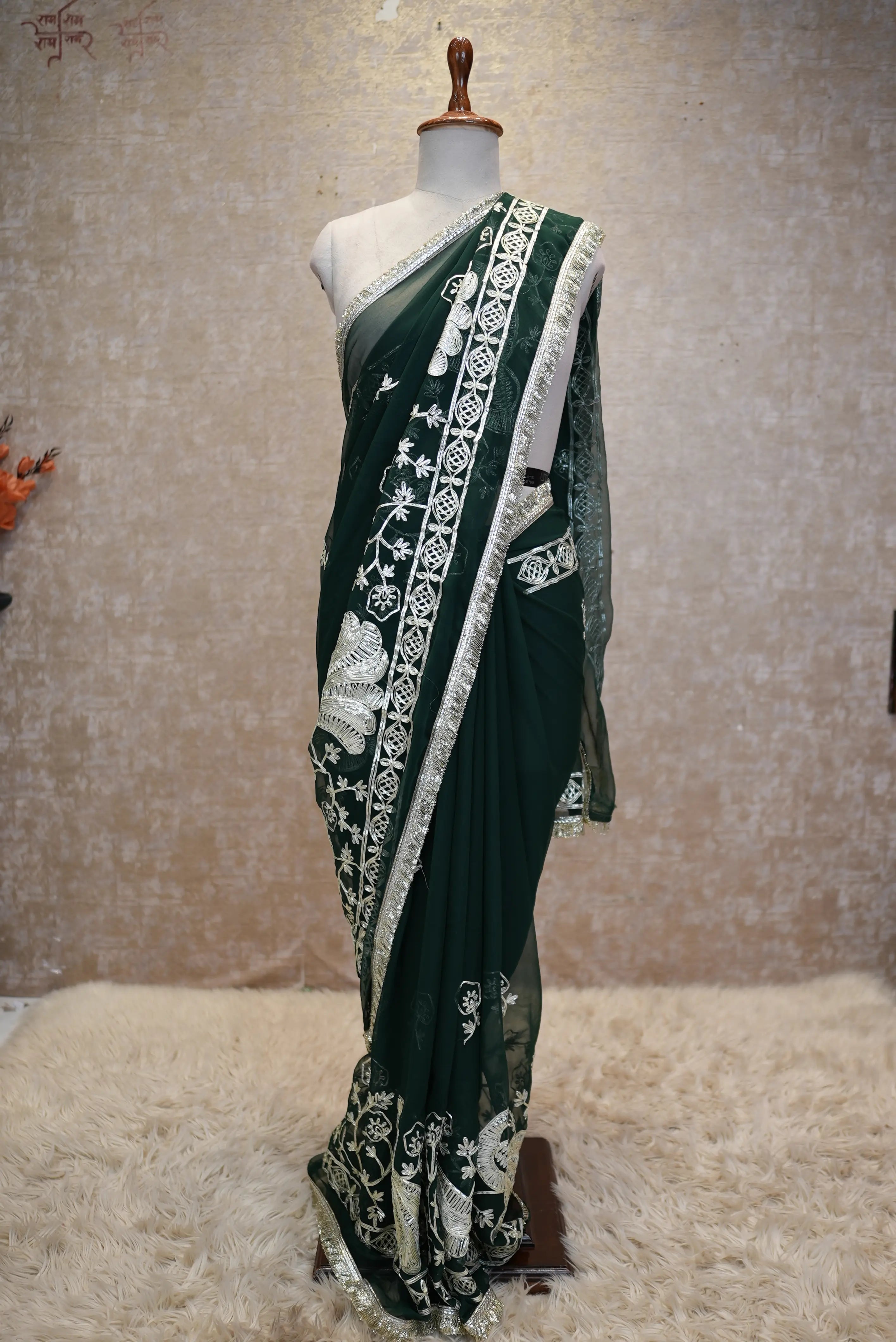 Elegant Peacock Butta Design Georgette Saree With Kacchi Gota Work (With Blouse)