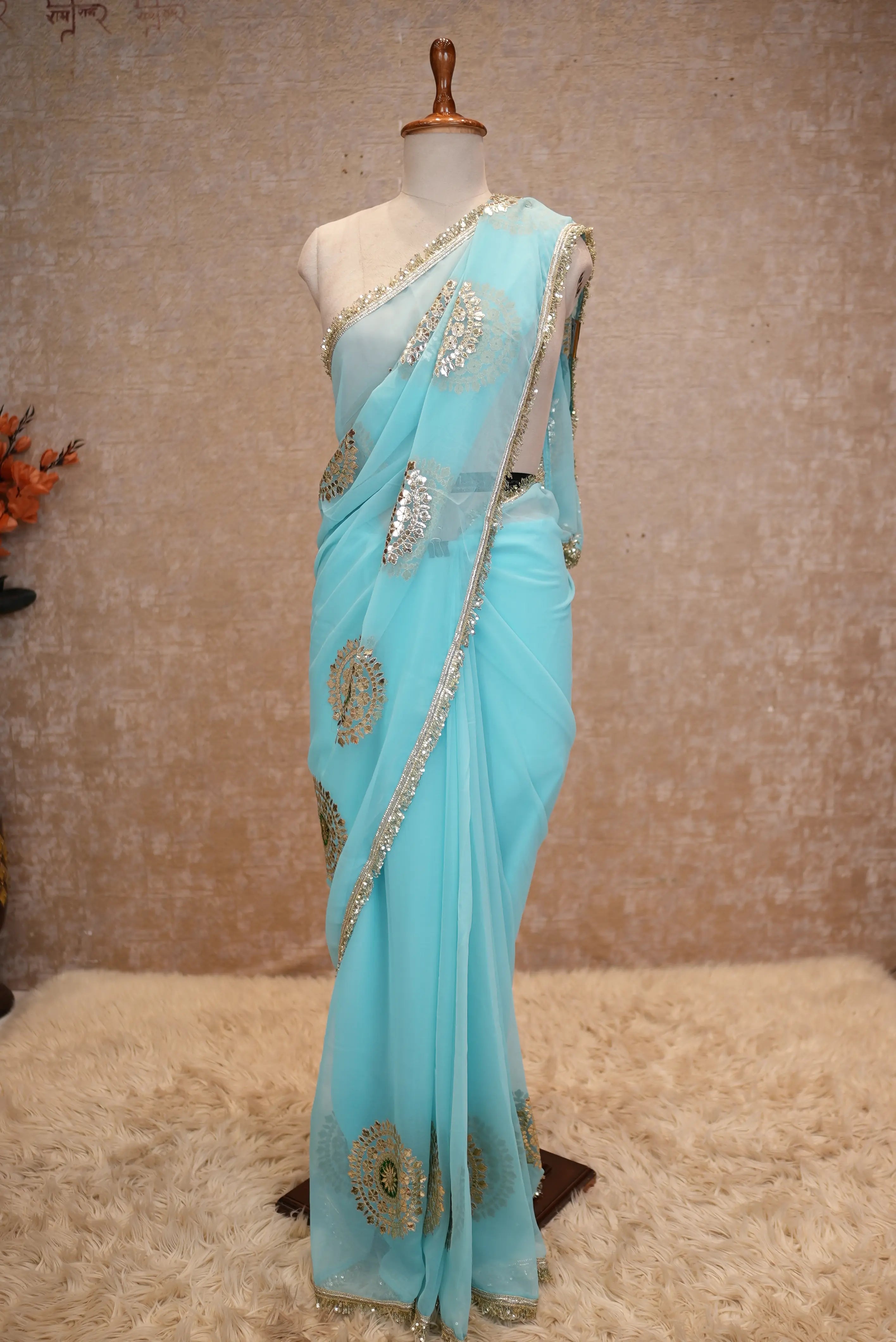 Emerald Designer Georgette Saree with Elegant Golden Work
