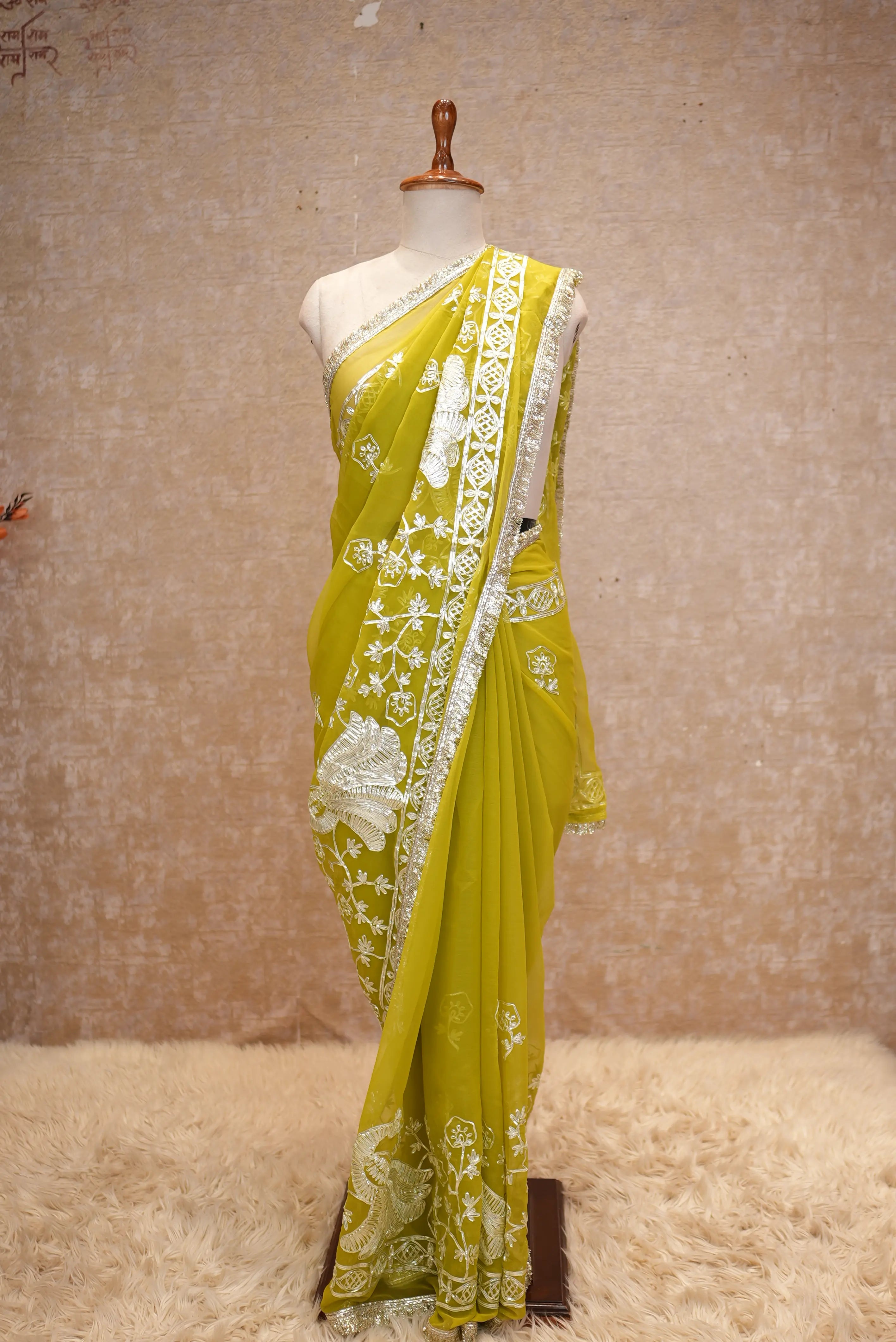 Elegant Peacock Butta Design Georgette Saree With Kacchi Gota Work (With Blouse)
