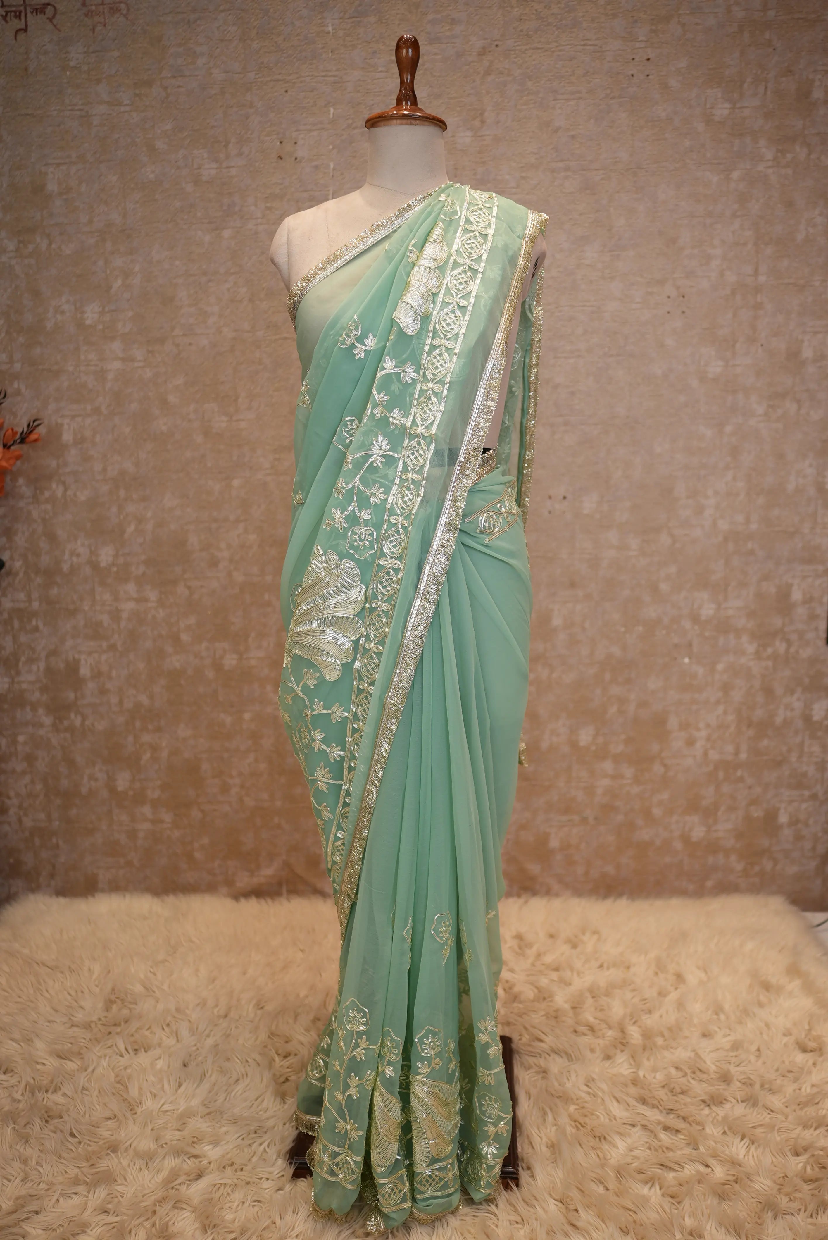 Elegant Peacock Butta Design Georgette Saree With Kacchi Gota Work (With Blouse)
