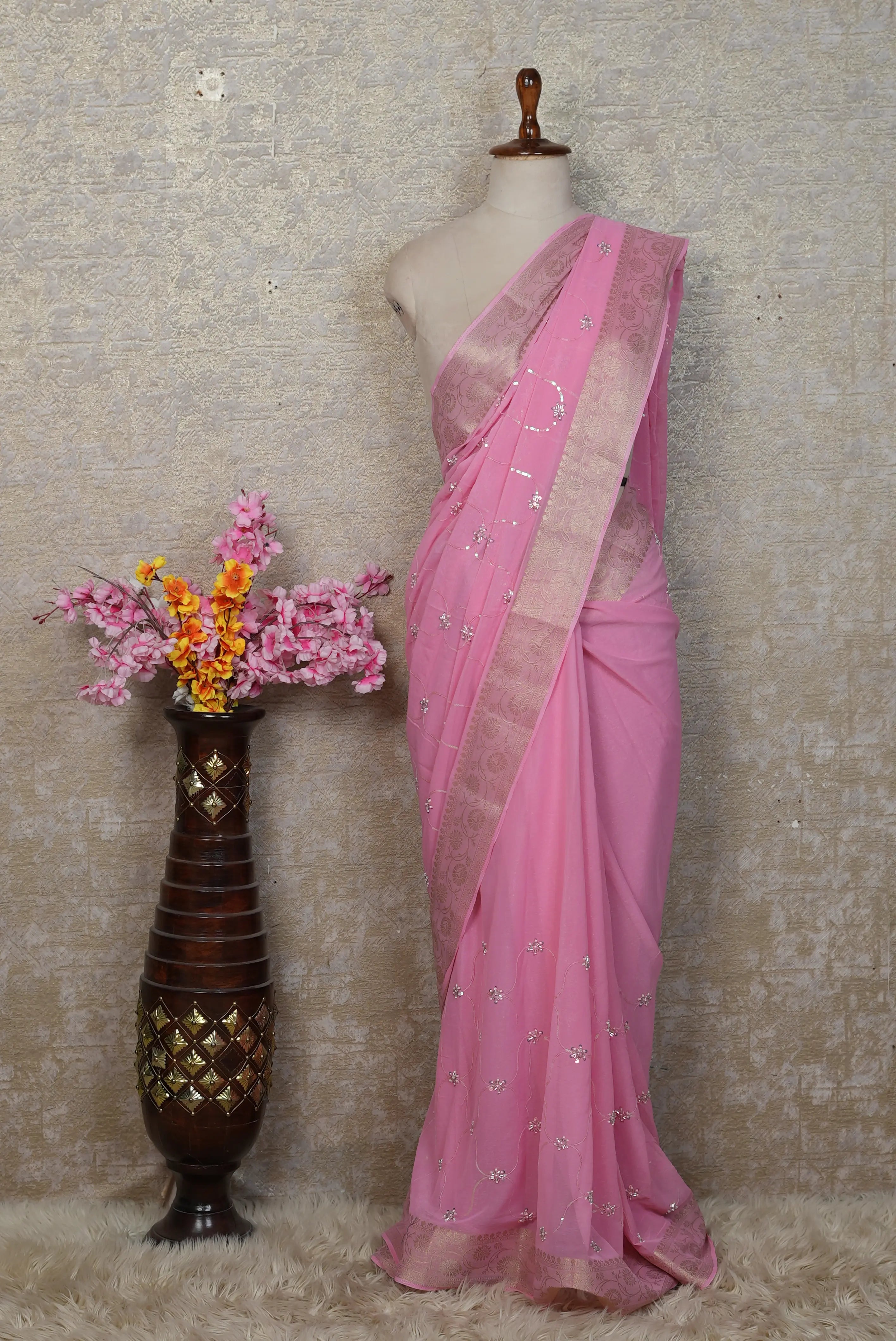 Shimmer Chiffon Saree with Zari & Cutdana Work (With Blouse)