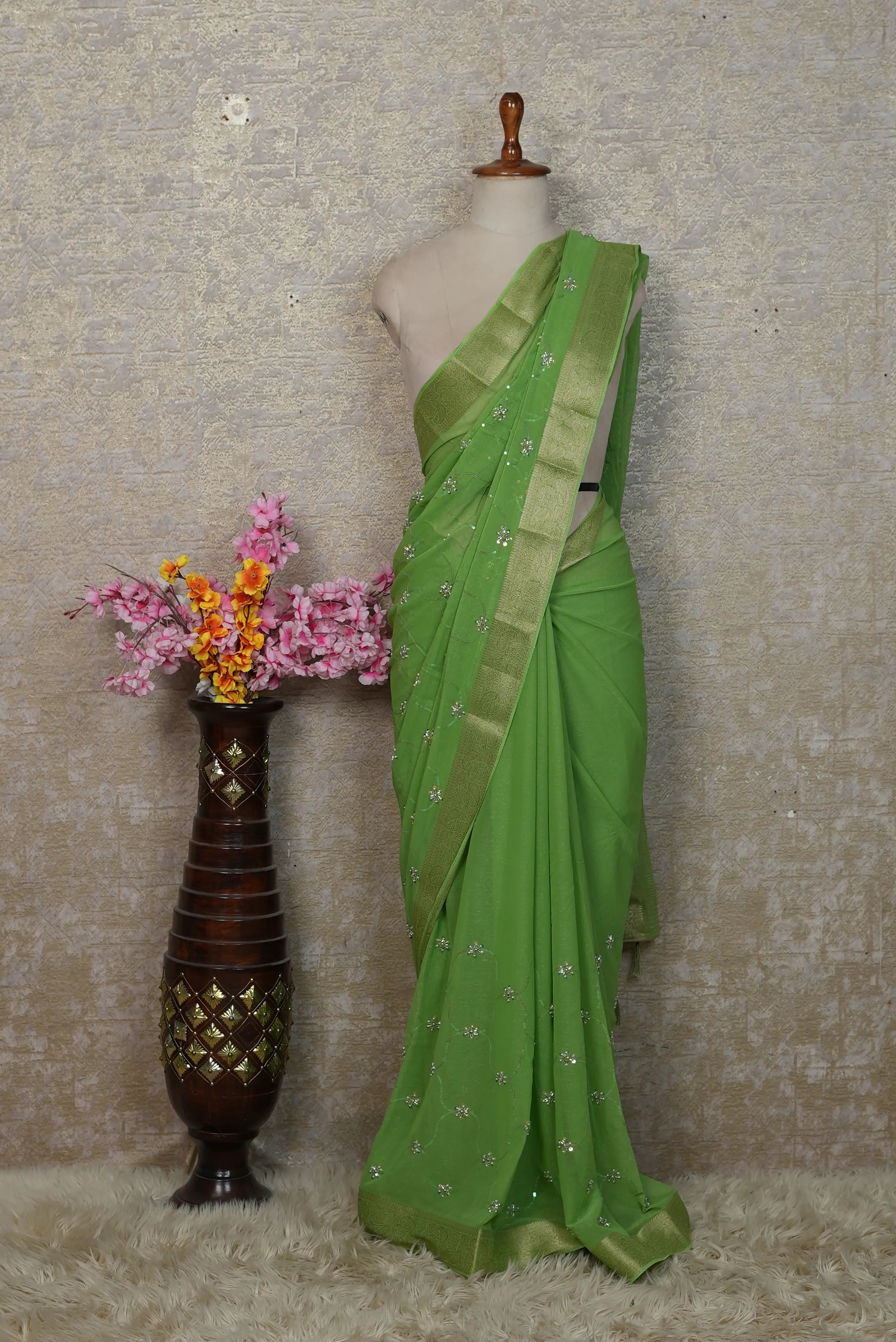 Shimmer Chiffon Saree with Zari & Cutdana Work (With Blouse)
