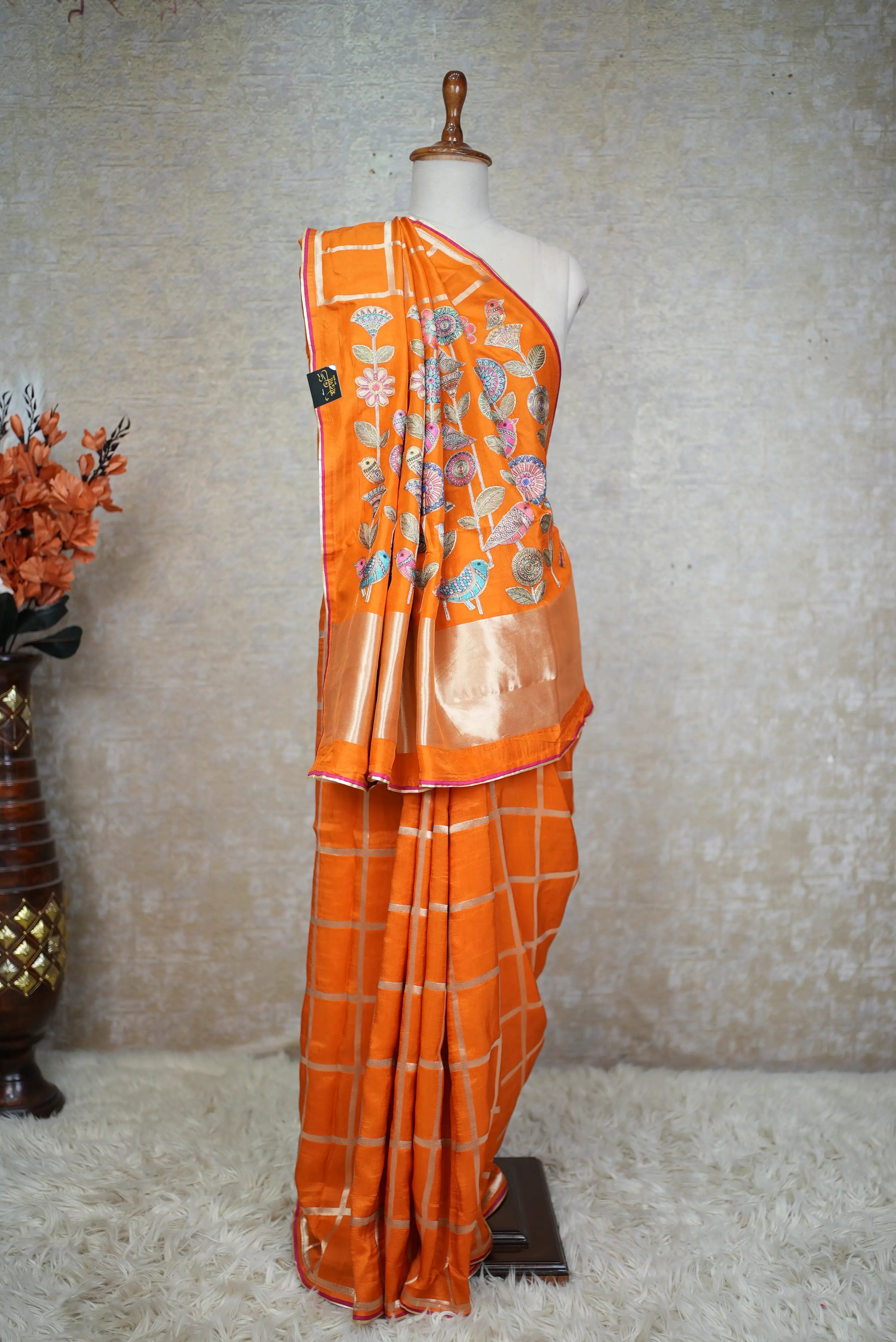 Kalam Kaari Design Hand Embroidered Deep Orange Saree (With Blouse)