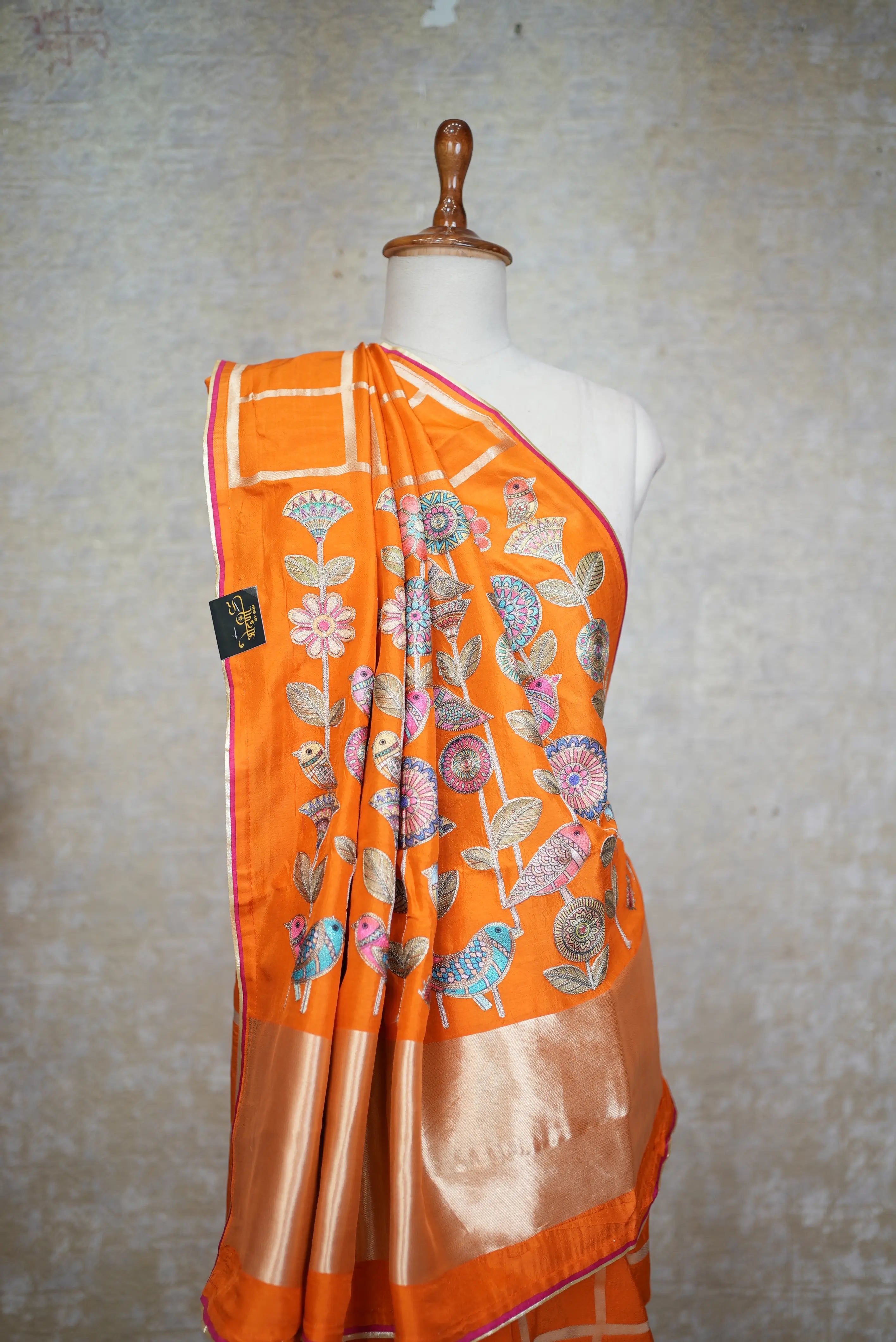 Kalam Kaari Design Hand Embroidered Deep Orange Saree (With Blouse)
