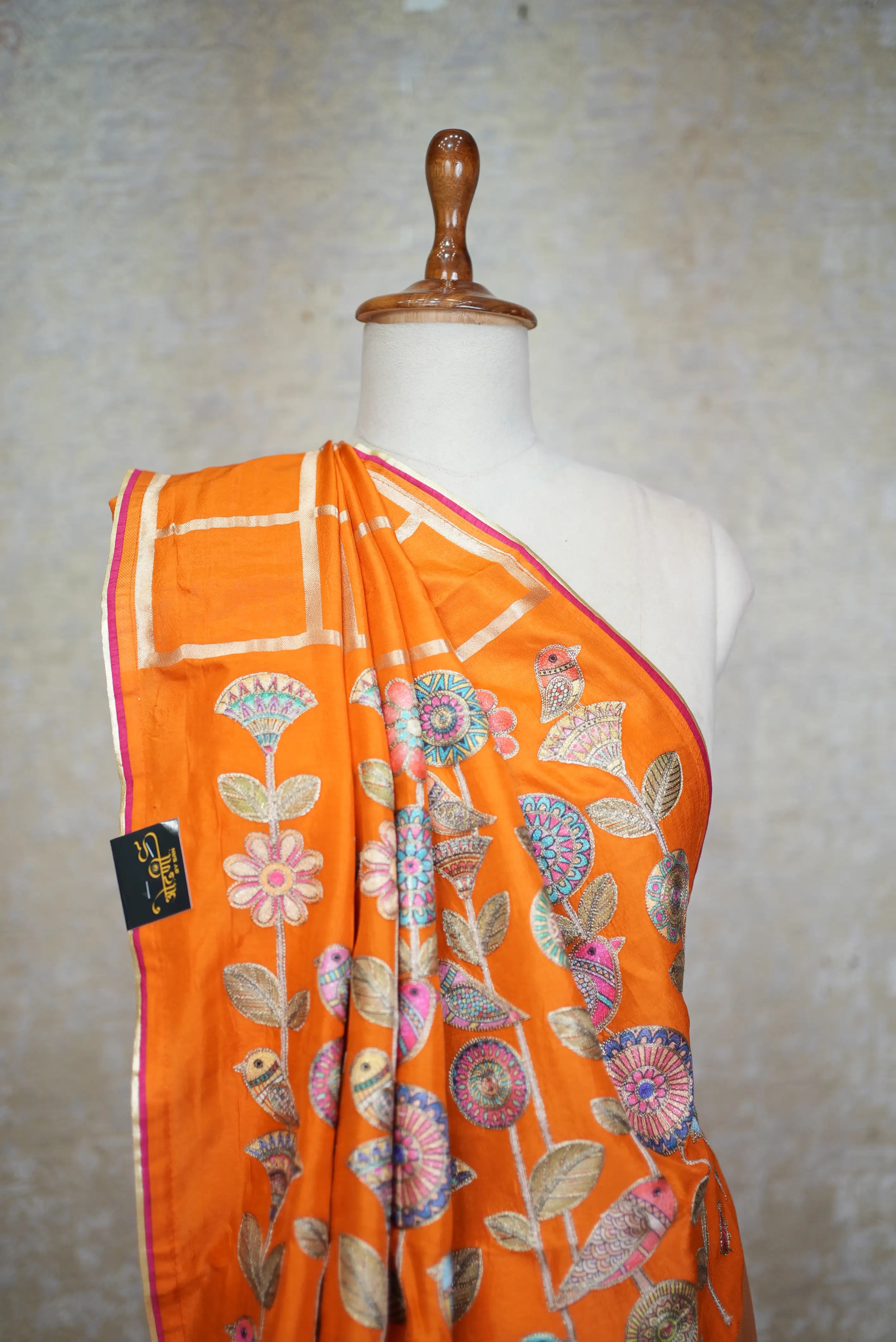 Kalam Kaari Design Hand Embroidered Deep Orange Saree (With Blouse)