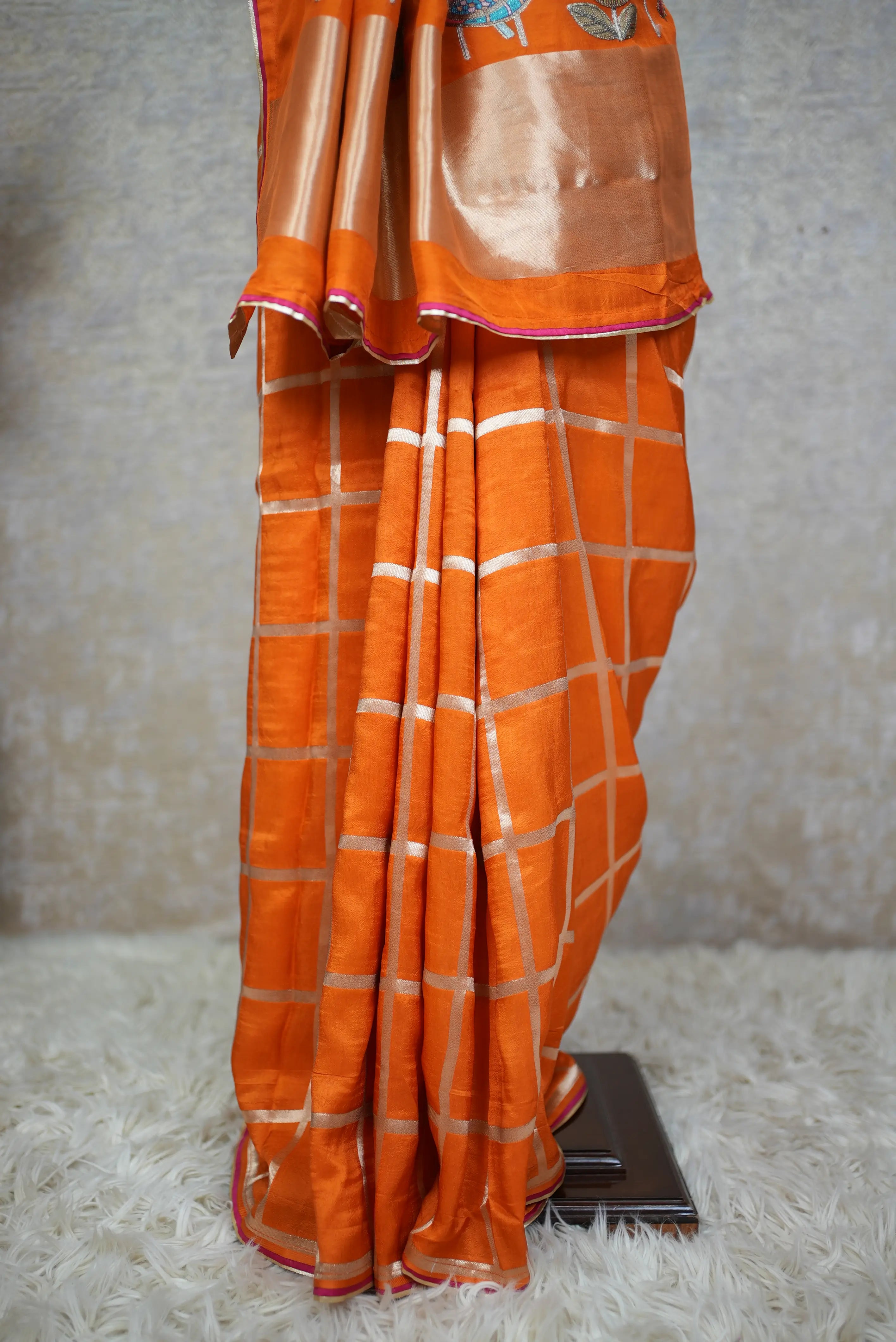 Kalam Kaari Design Hand Embroidered Deep Orange Saree (With Blouse)