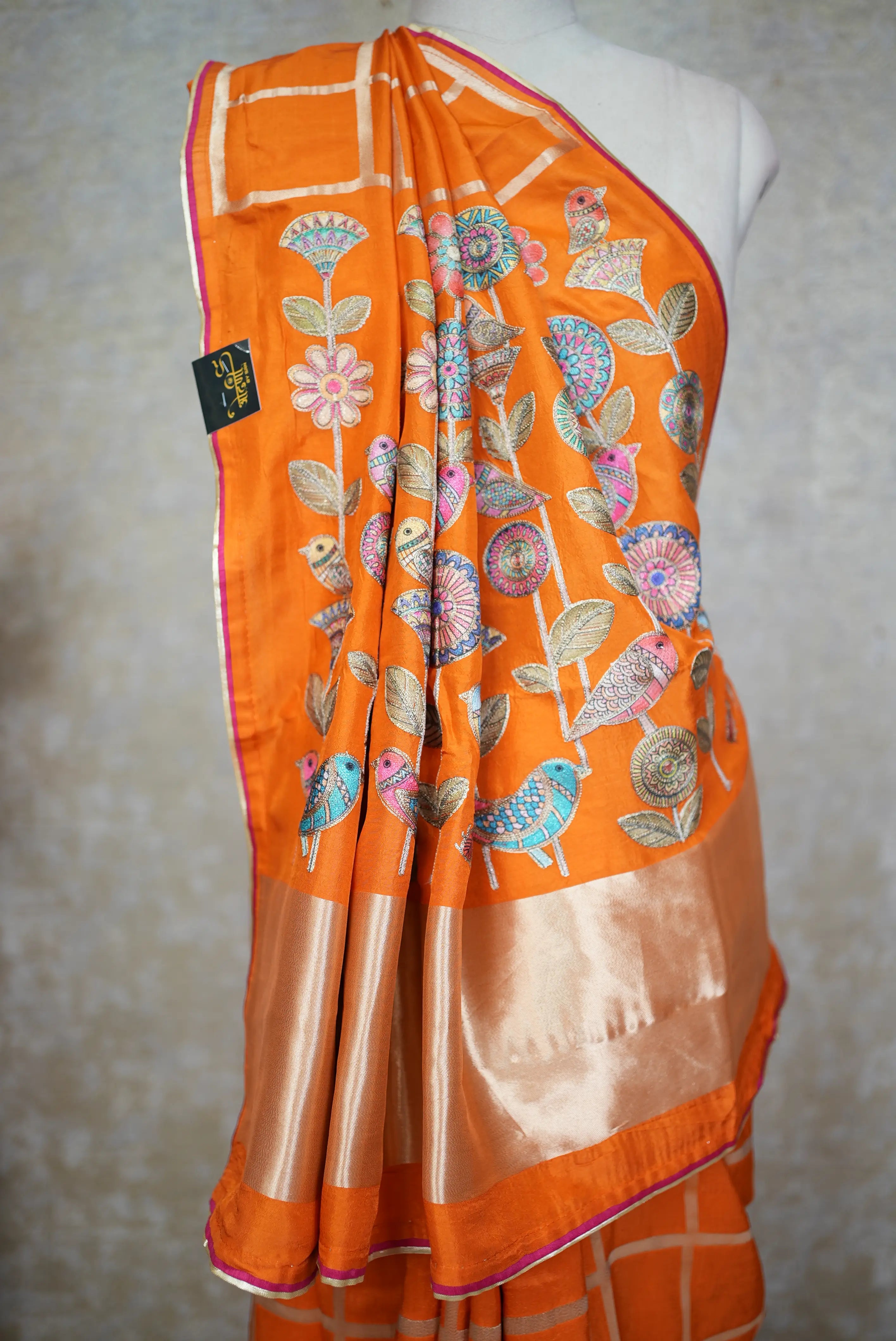 Kalam Kaari Design Hand Embroidered Deep Orange Saree (With Blouse)