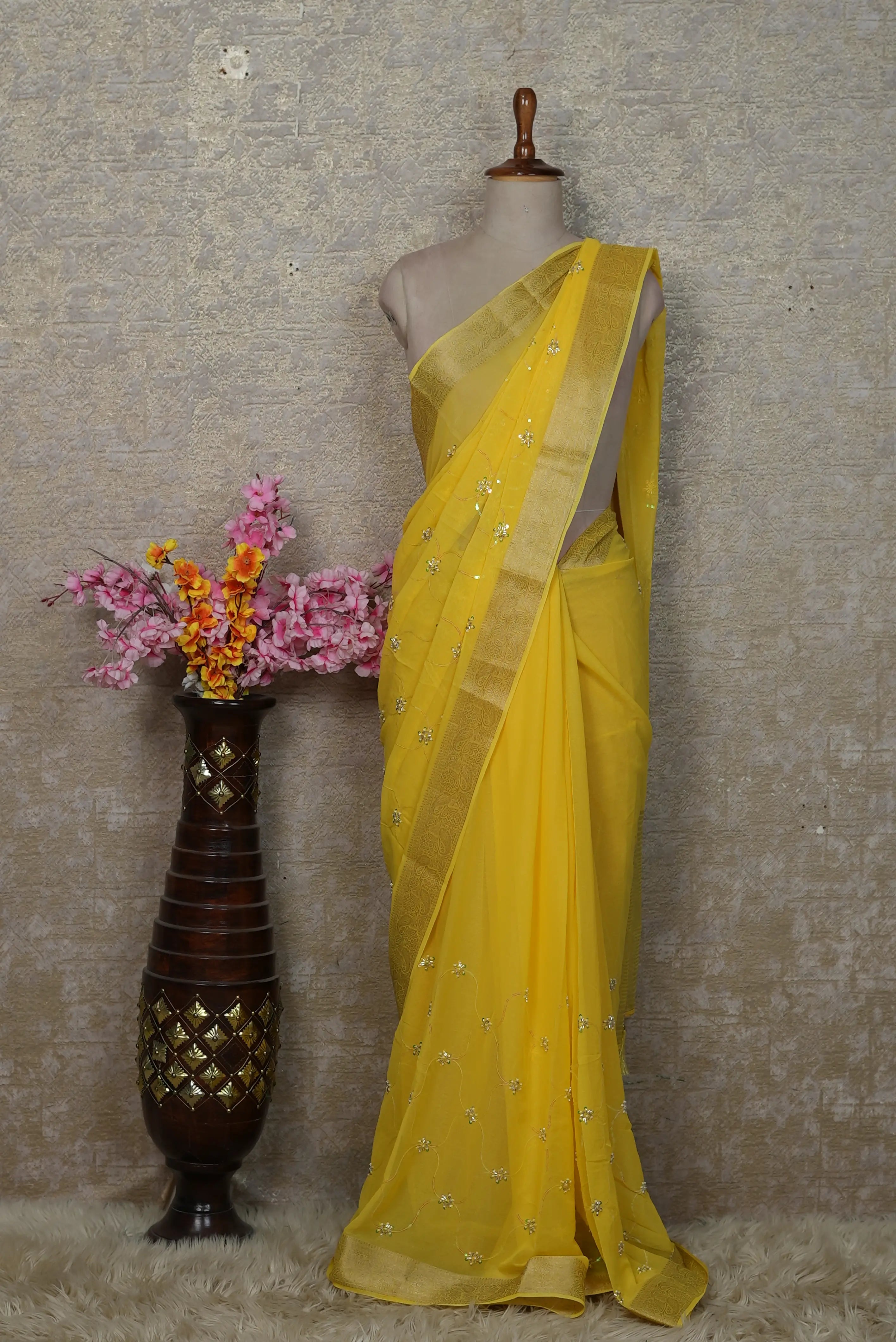 Shimmer Chiffon Saree with Zari & Cutdana Work (With Blouse)
