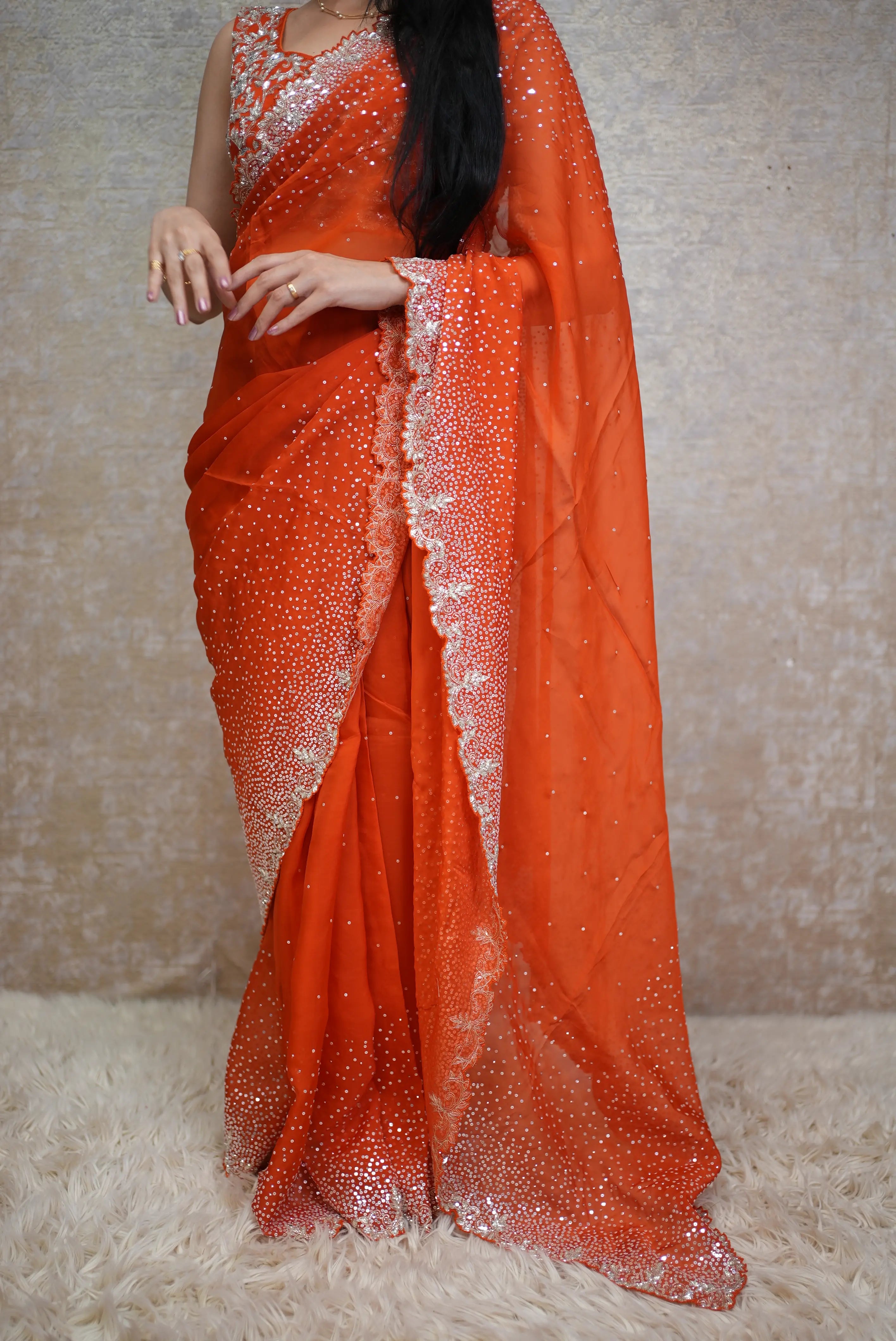 Kosmic Orange Stitched Blouse Kolkata Handwork Saree