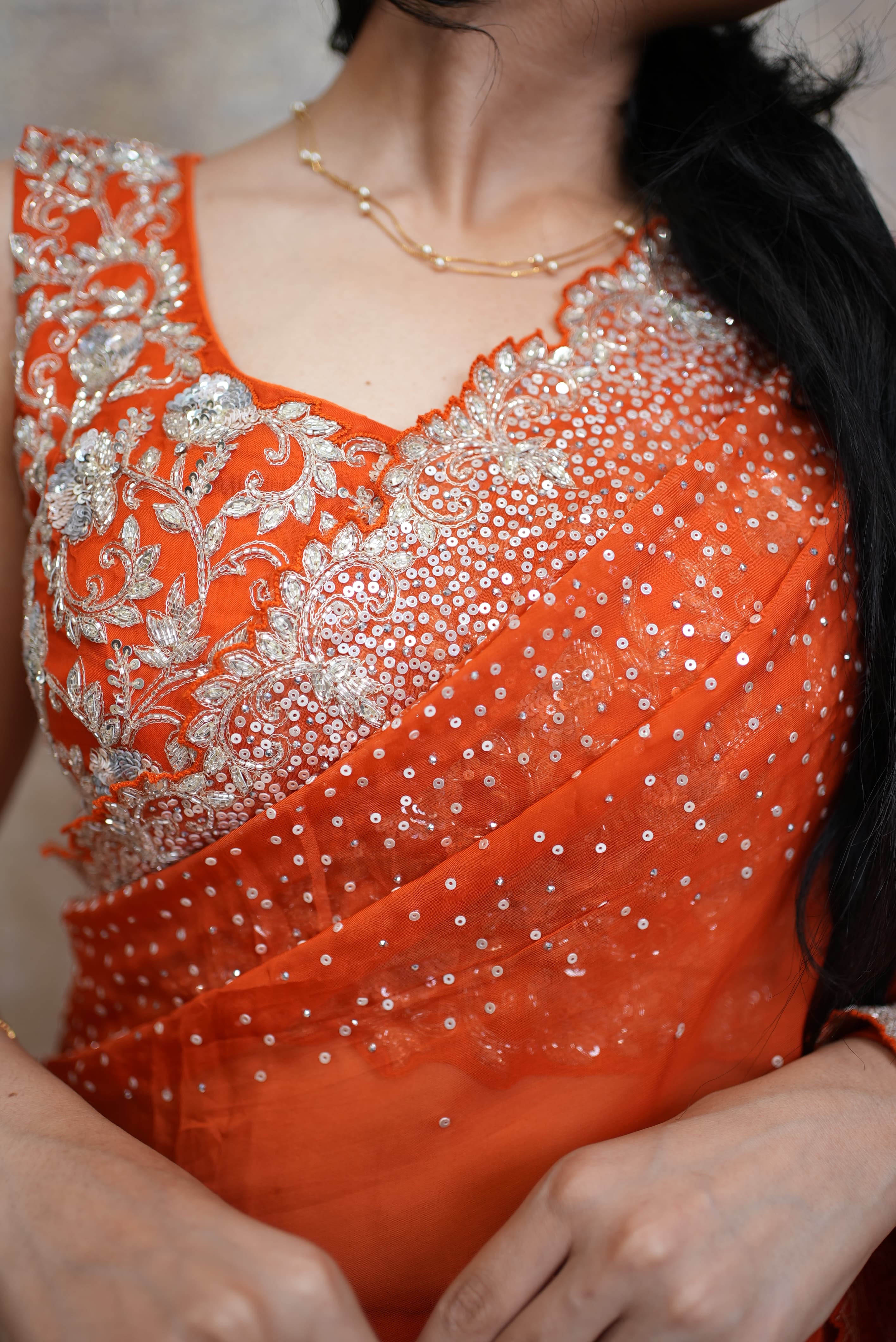 Kosmic Orange Stitched Blouse Kolkata Handwork Saree